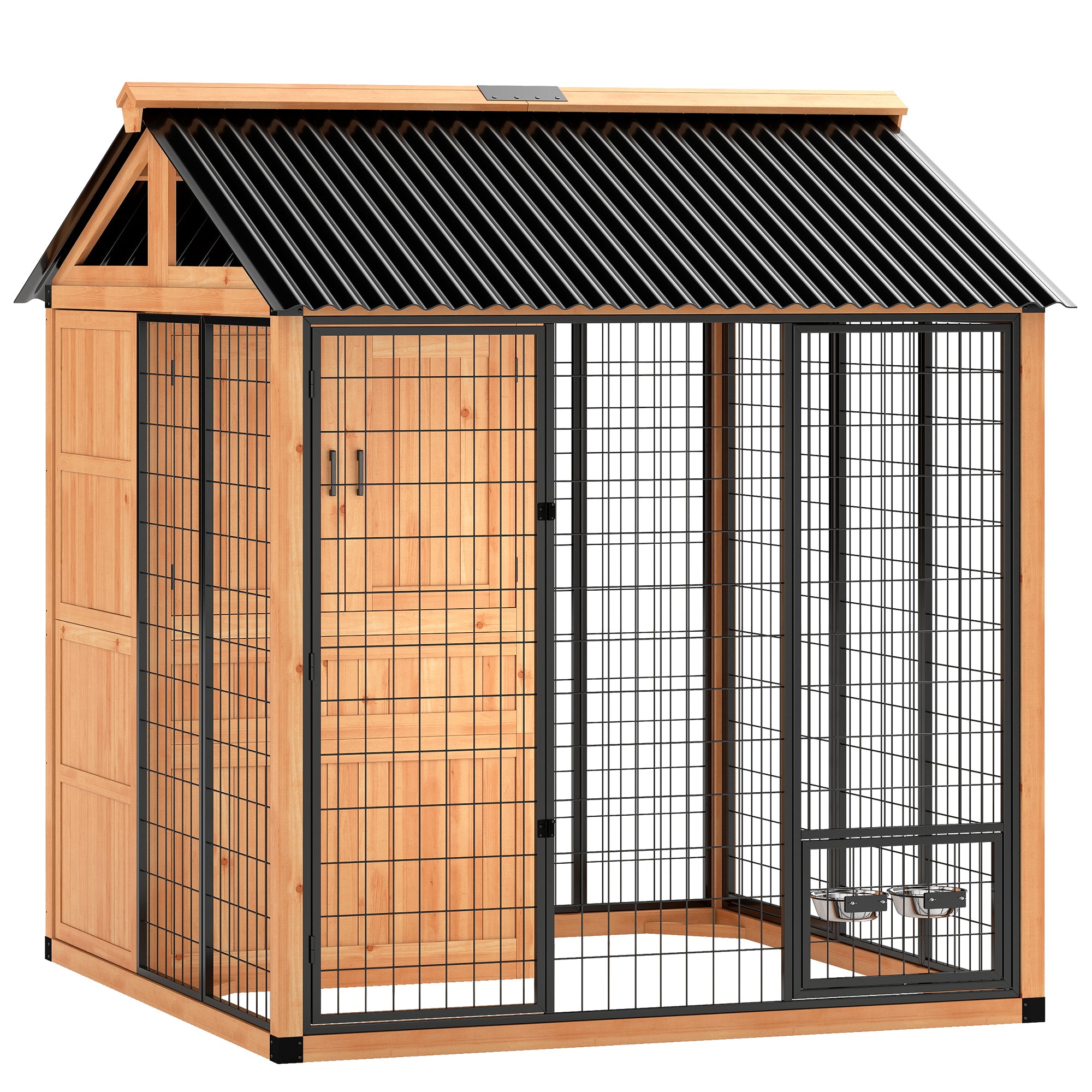 7' x 6' Extra Large Dog House, Wood Outdoor Dog Kennel with Storage Cabinet, Stainless Steel Bowls,