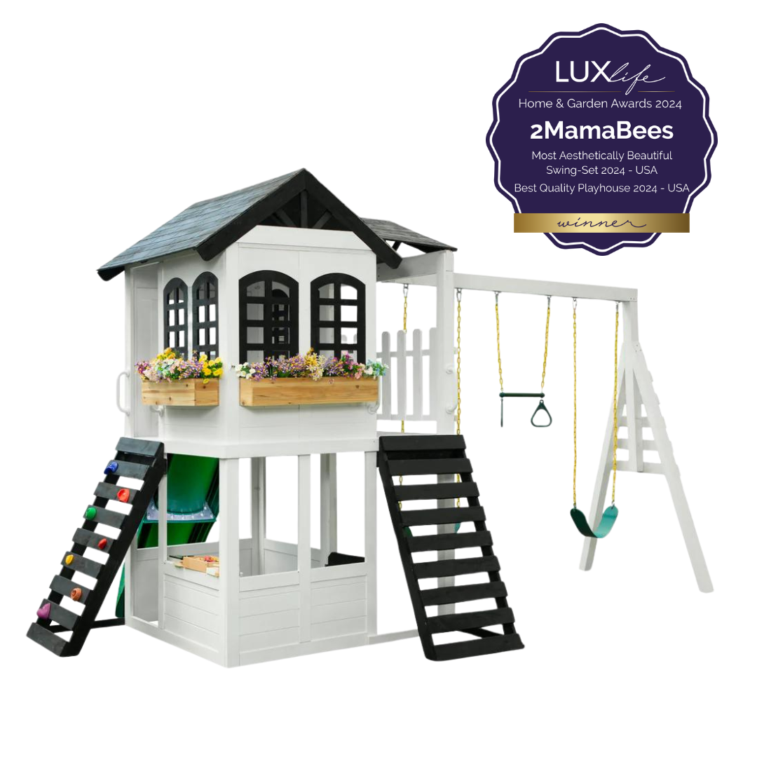 2MamaBees Reign Two Story Playhouse with Swing Set