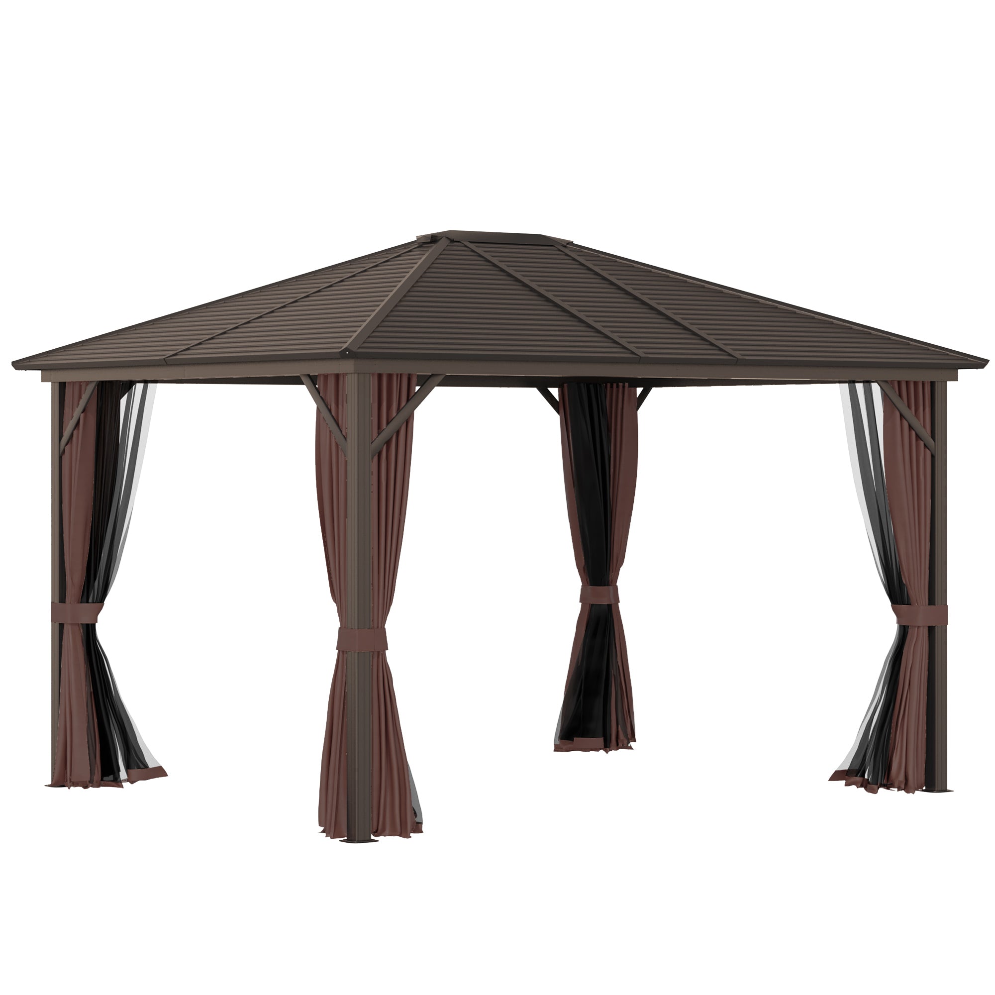 10' x 12' Hardtop Gazebo with Curtains and Netting, Permanent Pavilion Metal Single Roof Gazebo