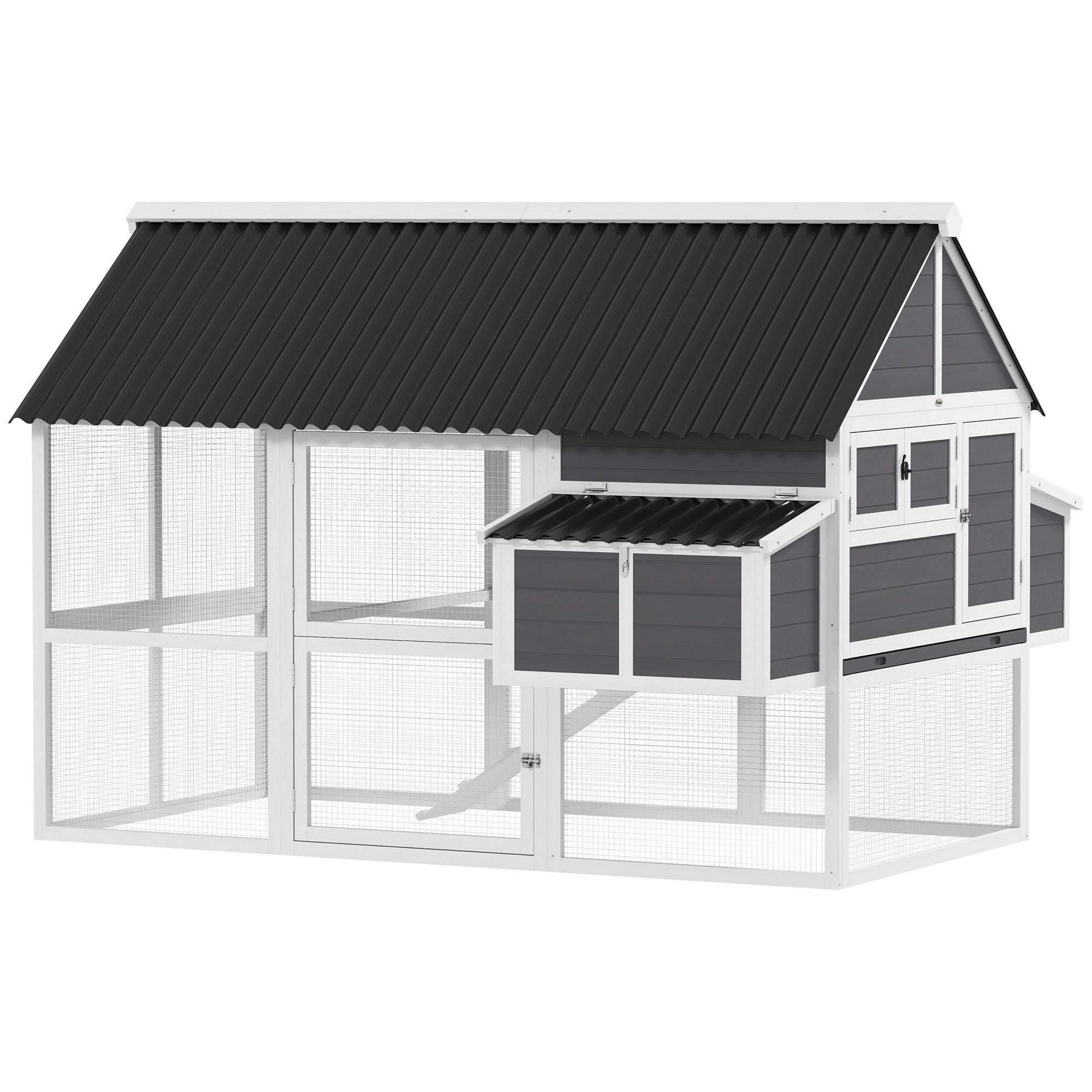 Wooden Chicken Coop with Run, 2 Nesting Boxes, 2 Roosting Bars, Ramp & Tray, Poultry Cage for 6-8