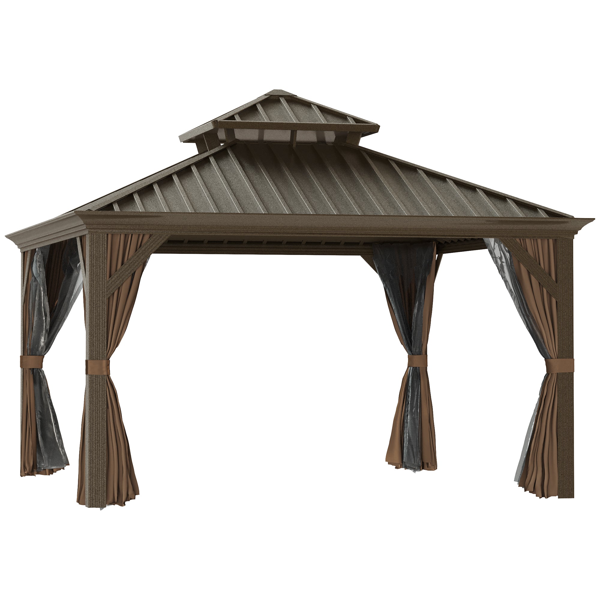 12' x 12' Hardtop Gazebo with Curtains and Netting, Permanent Pavilion Metal Double Roof Gazebo