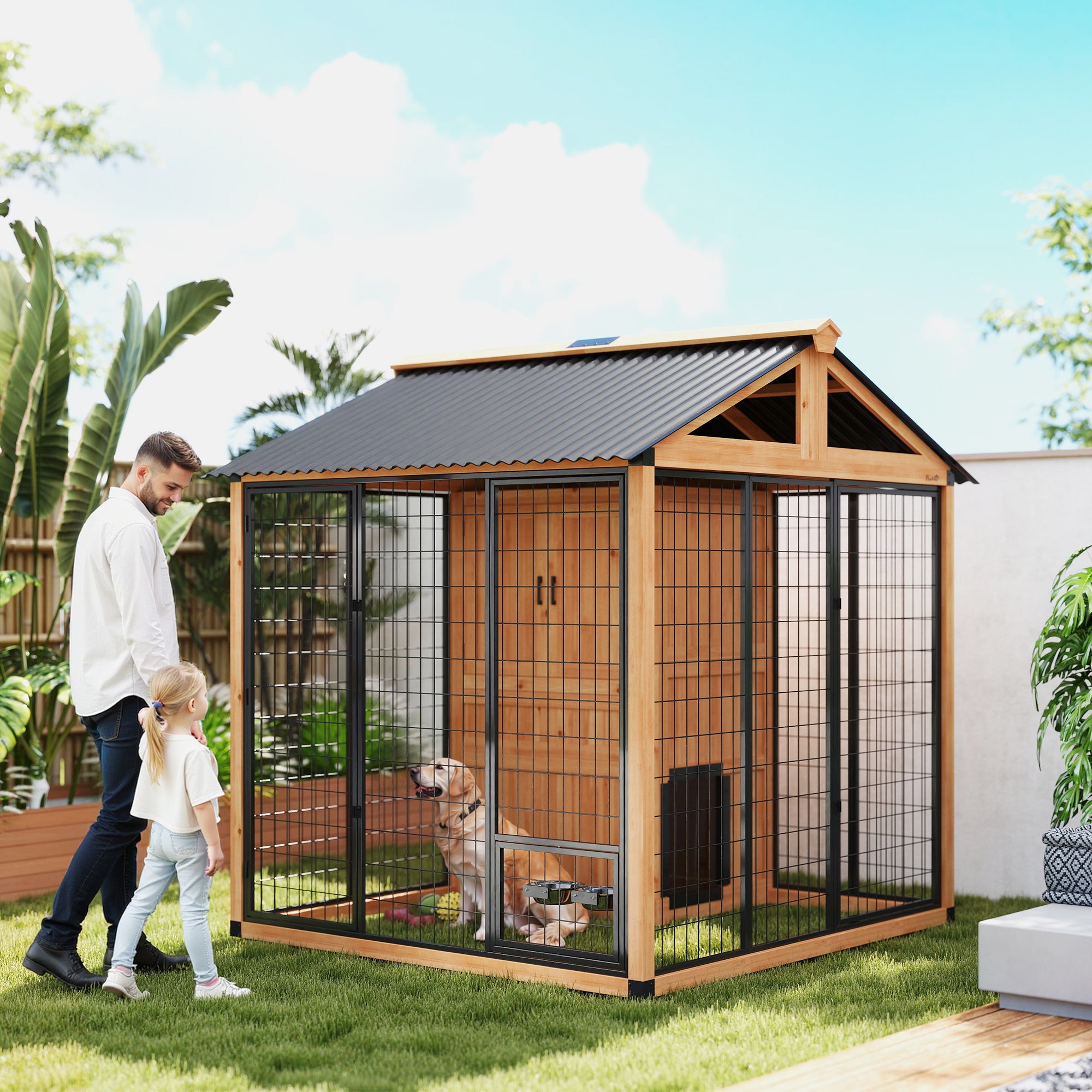 7' x 6' Extra Large Dog House, Wood Outdoor Dog Kennel with Storage Cabinet, Stainless Steel Bowls, - View 2