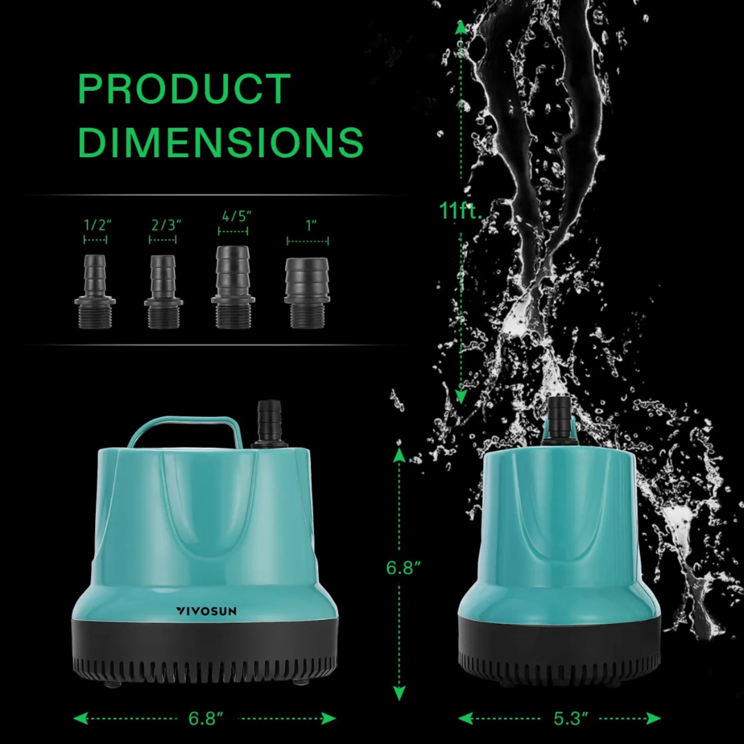 Vivosun Submersible Pump for Fish Tank, Pond, Aquarium, Hydroponic Systems with 5ft Power Cord and 4 Nozzles