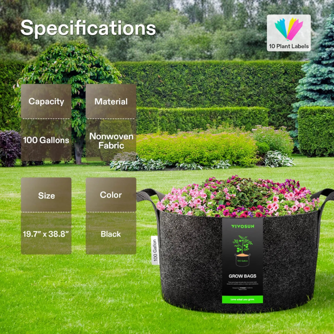 Vivosun 100 Gallon Grow Bags 1-Pack Black Thickened Nonwoven Fabric Pots with Handles