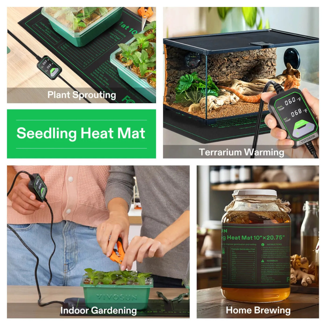 Vivosun Seedling Heat Mat with Dual Digital Display Thermostat, 10" x 20.75" Black Warm Hydroponic Heating Pad for Seed Germination