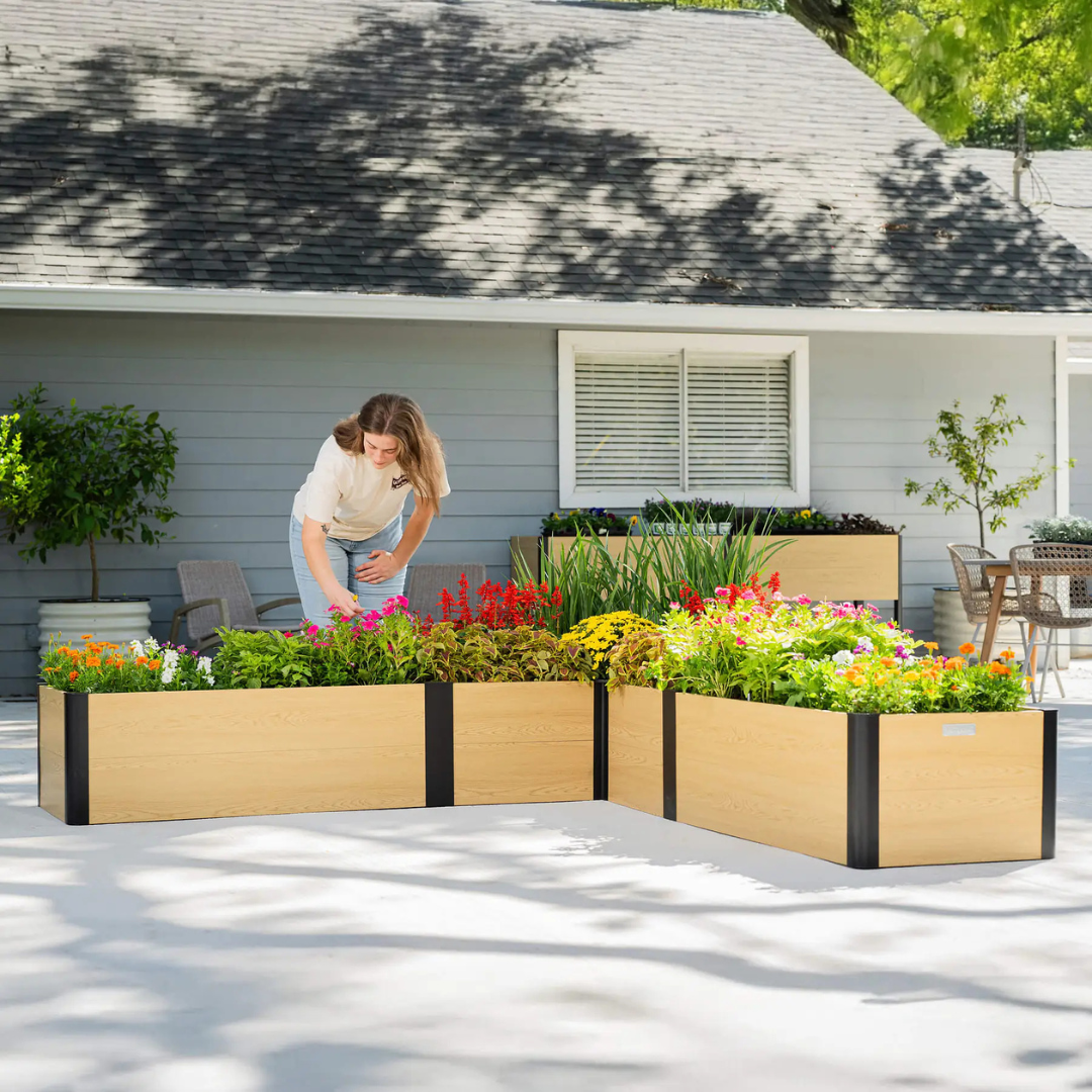 Vego 16" Tall Woodgrain 8' x 8' L-Shaped Metal Raised Garden Bed