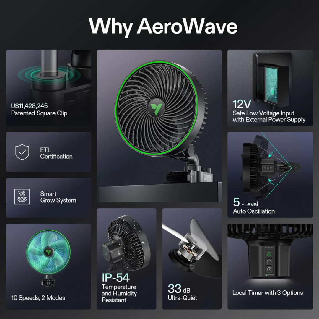 Vivosun AeroWave E6 Gen2, Grow Tent Clip Fan 6”, EC Motor, Smart Control, Powerful Oscillating Fan, Black
