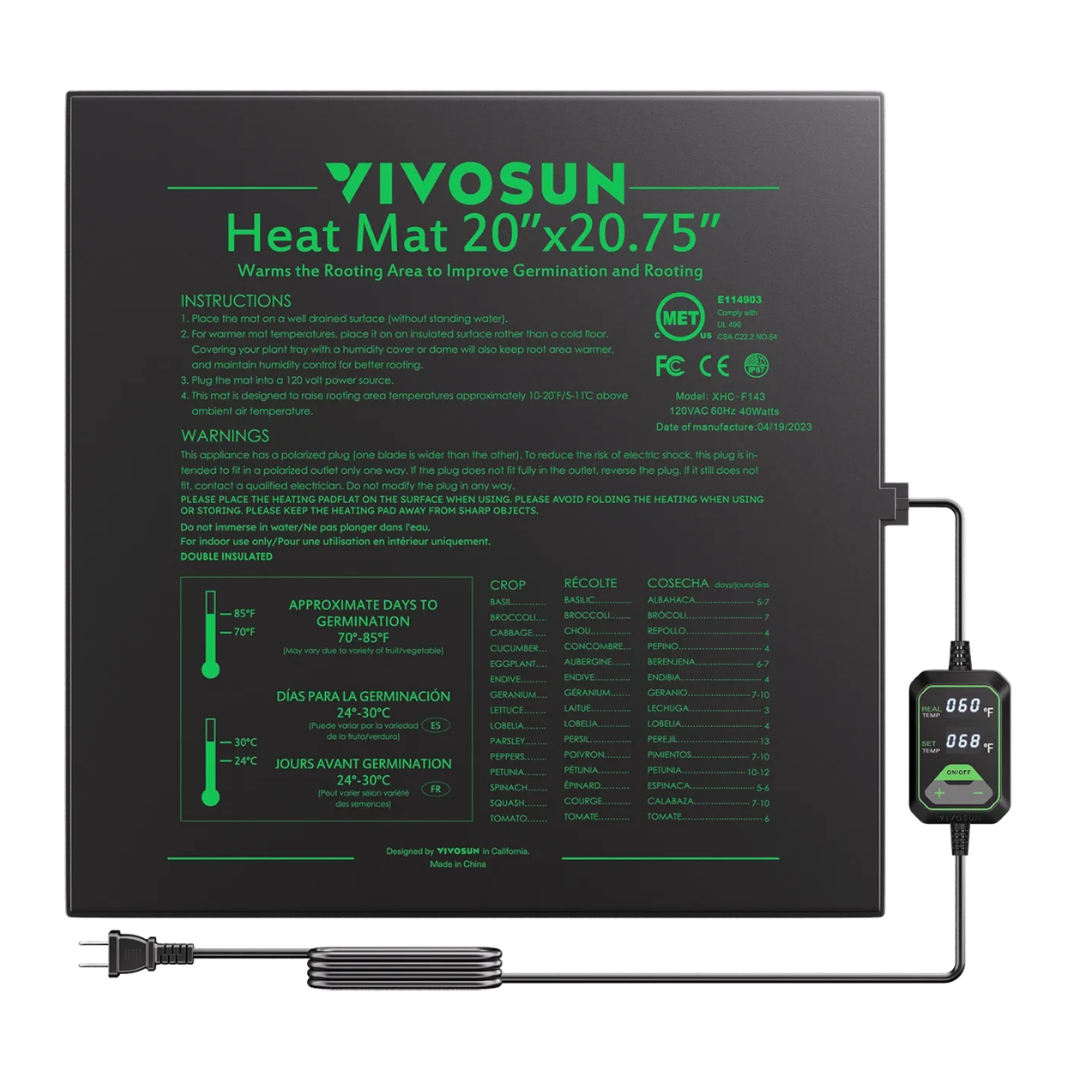 Vivosun Seedling Heat Mat with Dual Digital Display Thermostat, 20" x 20.75" Black Warm Hydroponic Heating Pad for Seed Germination