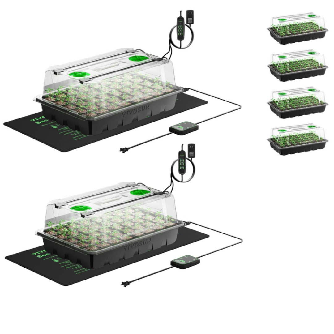 Vivosun 6-Pack 240-Cell Seed Starter Trays with 2 Set of LED Lights, and 2-Pack 10"x20.75" Seedling Heat Mat