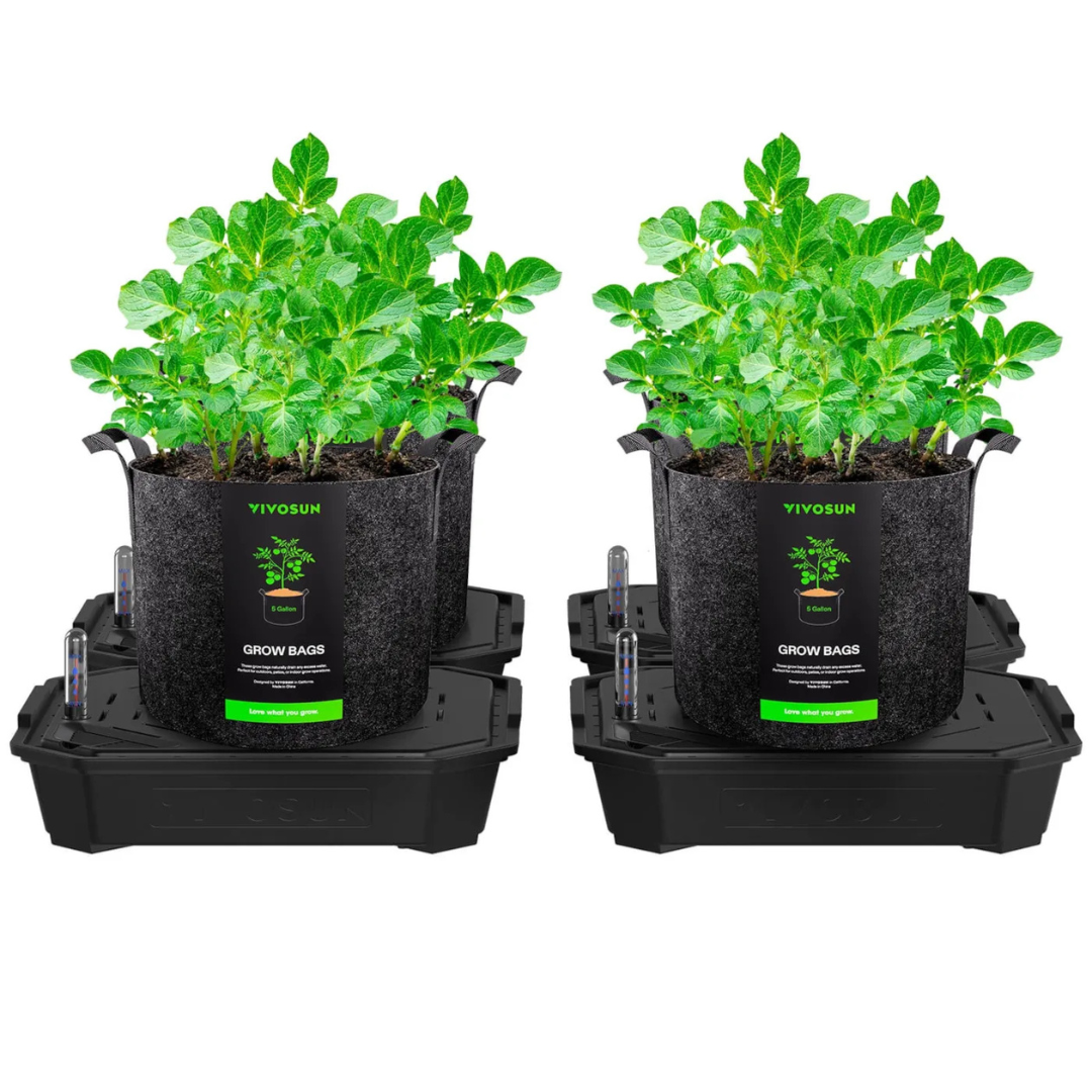 Vivosun 4-Pack Self-Watering Fabric Pot Base and Grow Bags Set, Auto-Irrigation Water Delivery System with Reservoir Meter
