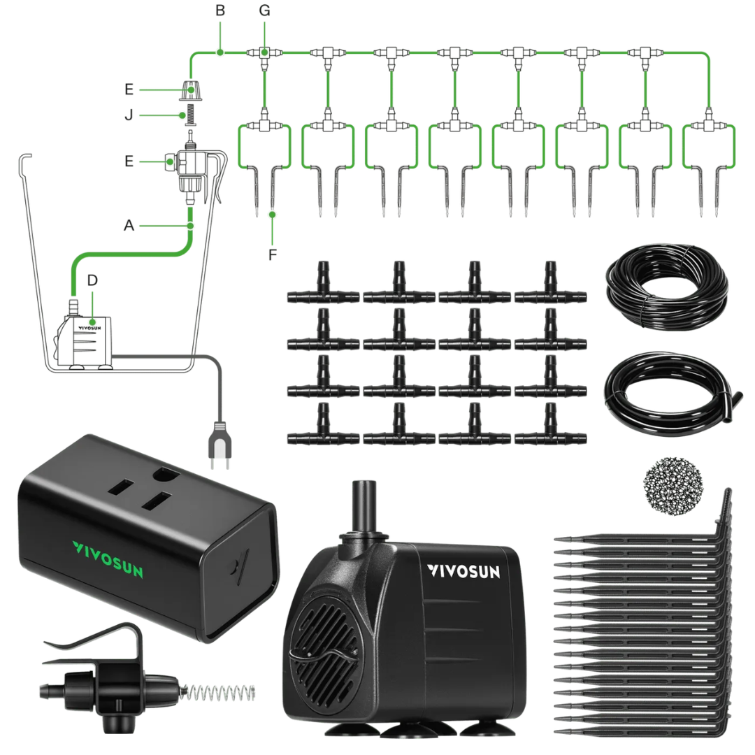 Vivosun FlexFeed Automatic Drip Irrigation Kit for Indoor & Outdoor Plants, Smart Watering System with 16 Drip Emitters, 4mm Fast Flow, App-Controlled A10 GrowHub, Quiet 15W Pump