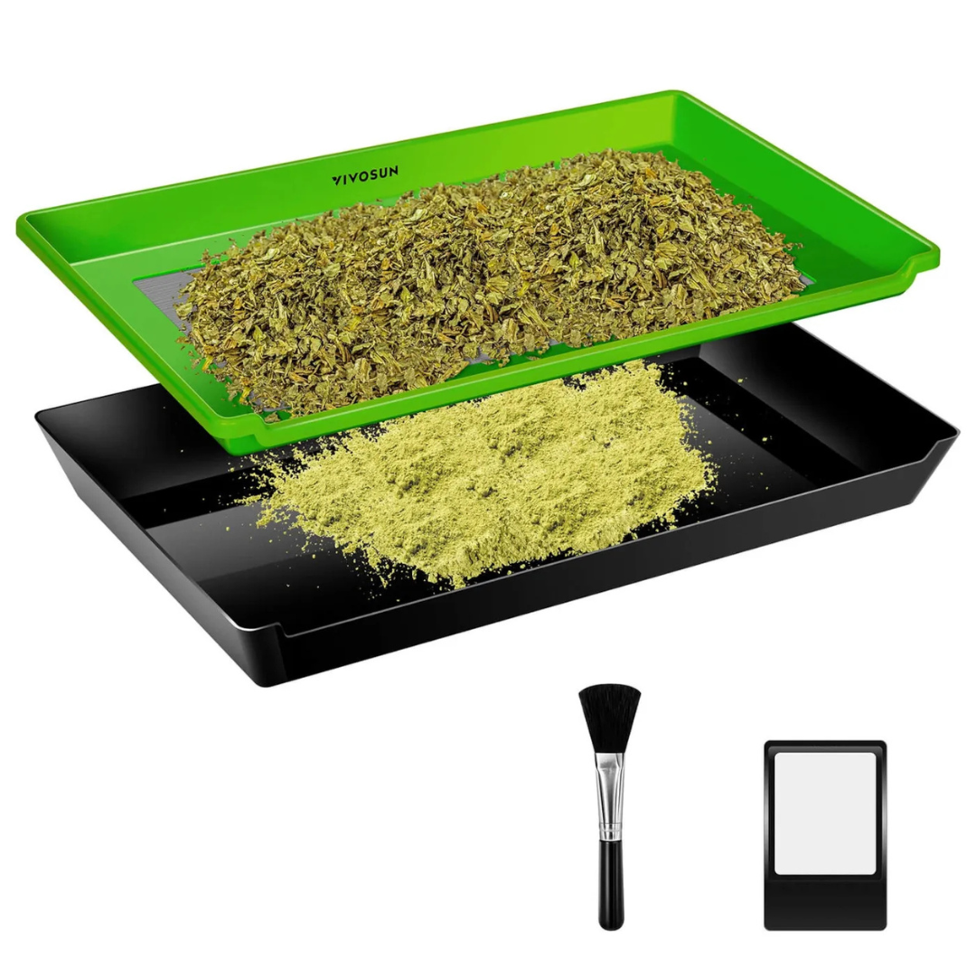 Vivosun 2-in-1 Trimming Tray 20" x 13", with 150 Micron Mesh Sifter, Bottom Harvest Bin, Brush and Magnifying Card, Green