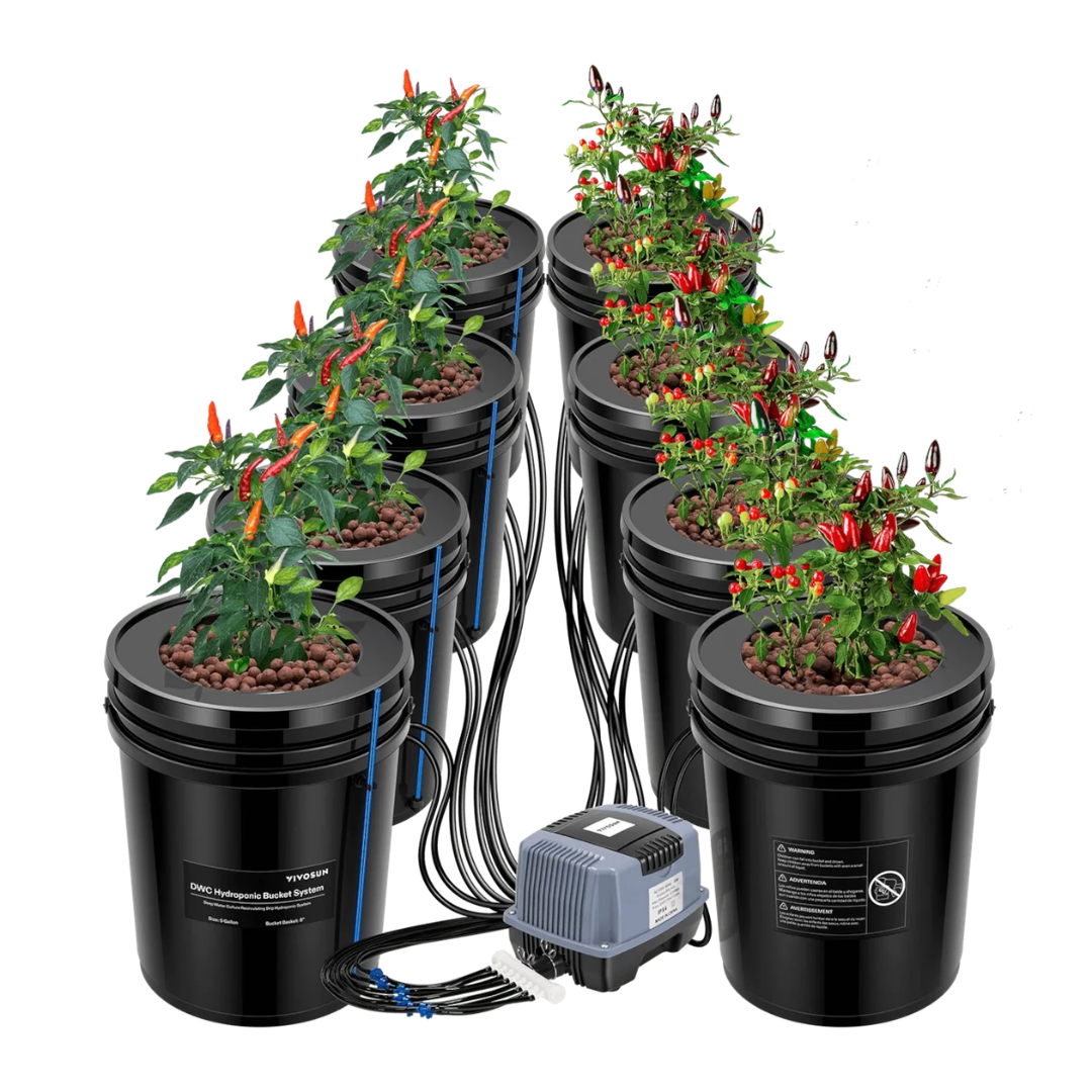 Vivosun 5 Gallon DWC Hydroponic System Kit (8 Bucket, Black)