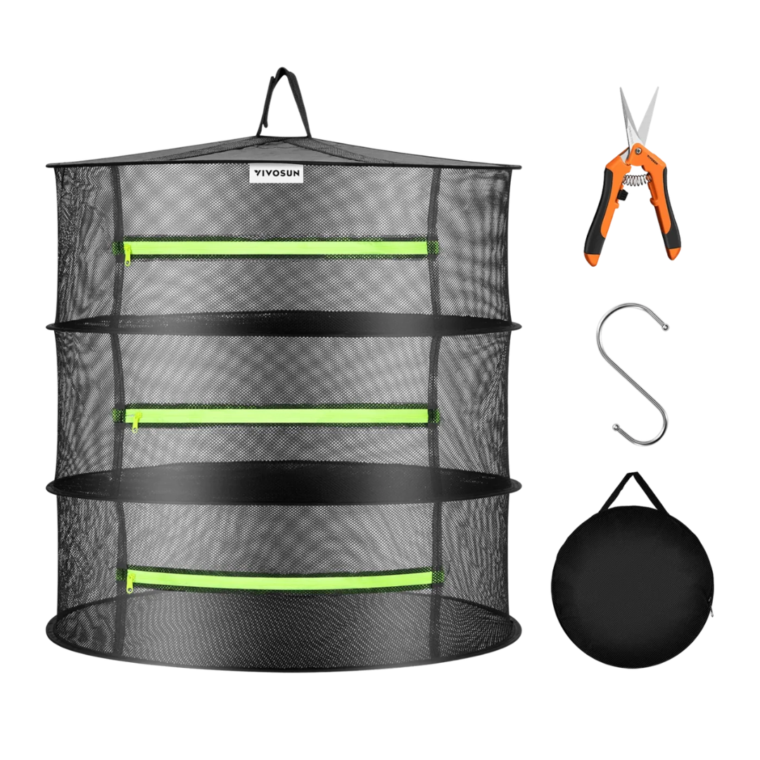 Vivosun 3-Layer Mesh Drying Rack Hanging Design with Green Zippers