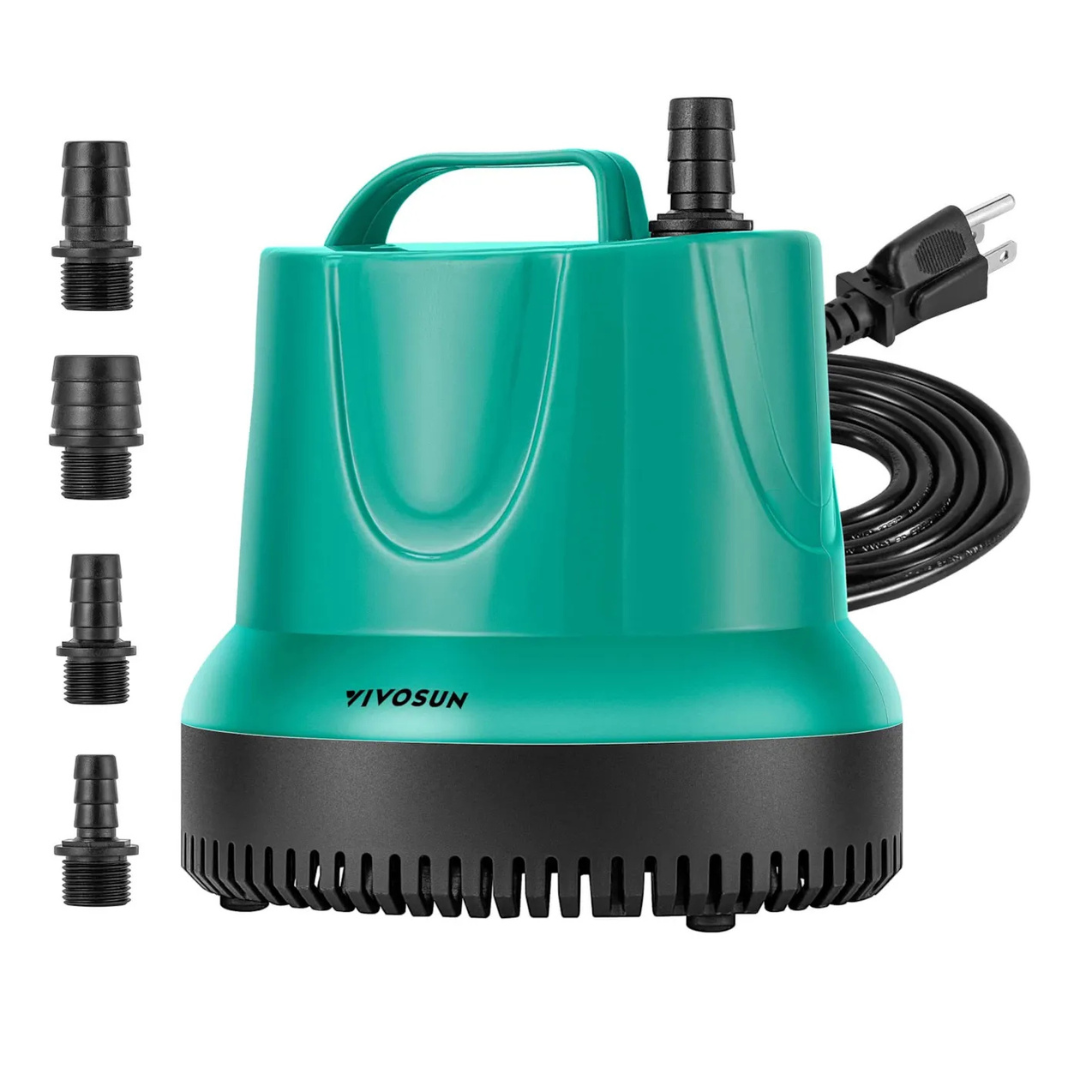 Vivosun Submersible Pump for Fish Tank, Pond, Aquarium, Hydroponic Systems with 5ft Power Cord and 4 Nozzles