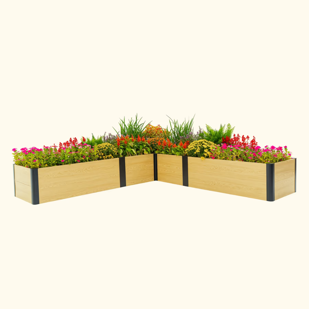 Vego 16" Tall Woodgrain 8' x 8' L-Shaped Metal Raised Garden Bed