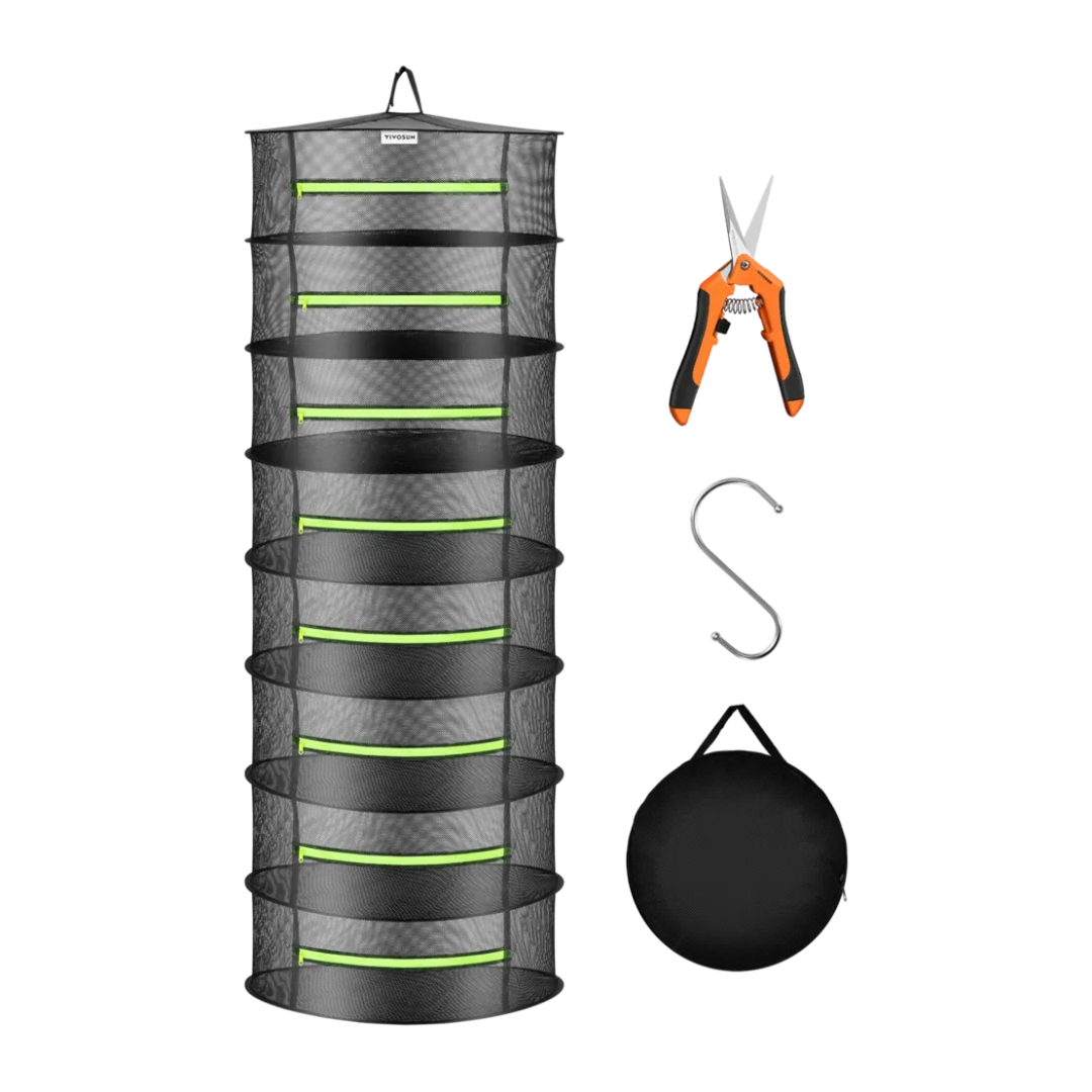 Vivosun 8-Layer Mesh Drying Rack Hanging Design with Green Zippers