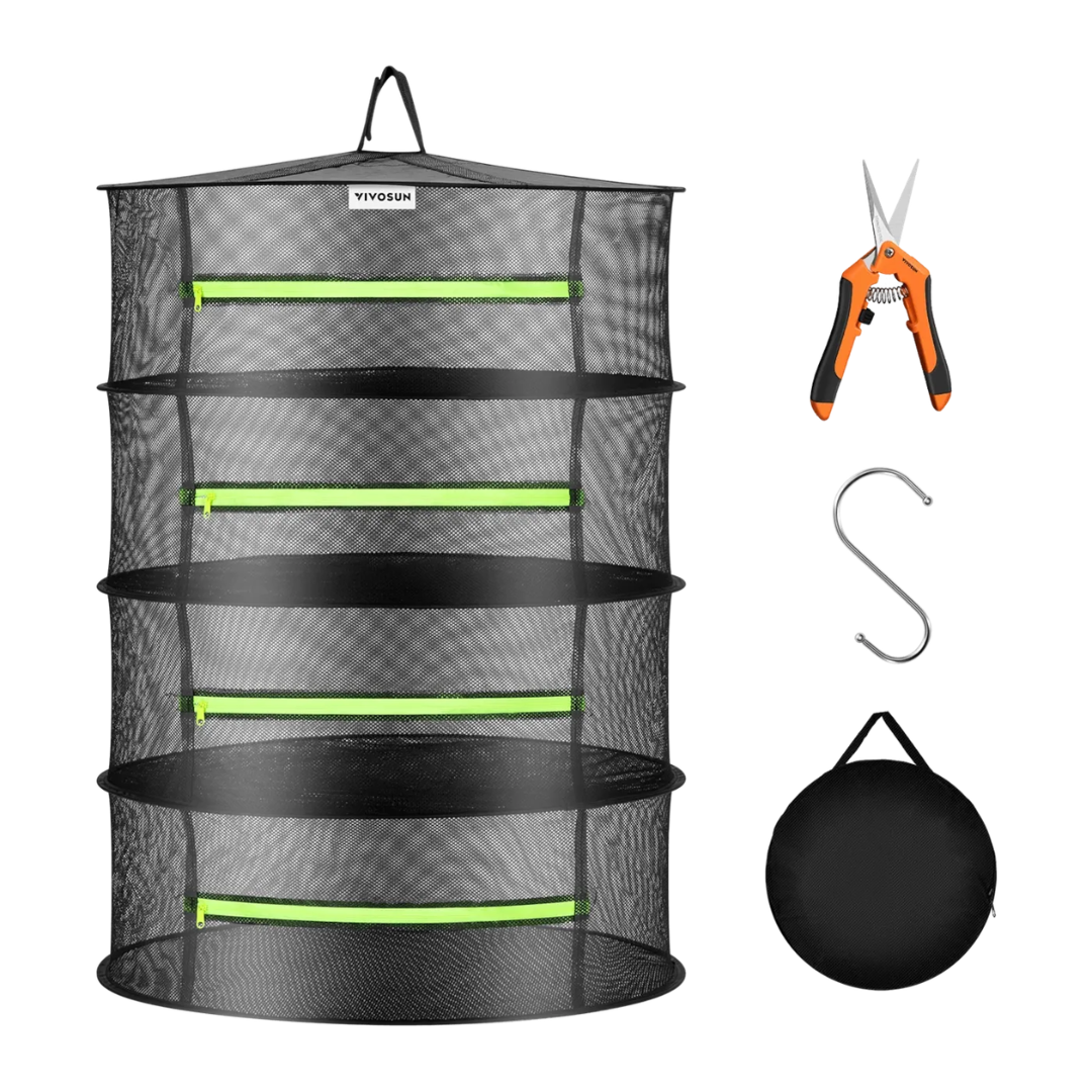 Vivosun 4-Layer Mesh Drying Rack Hanging Design with Green Zippers