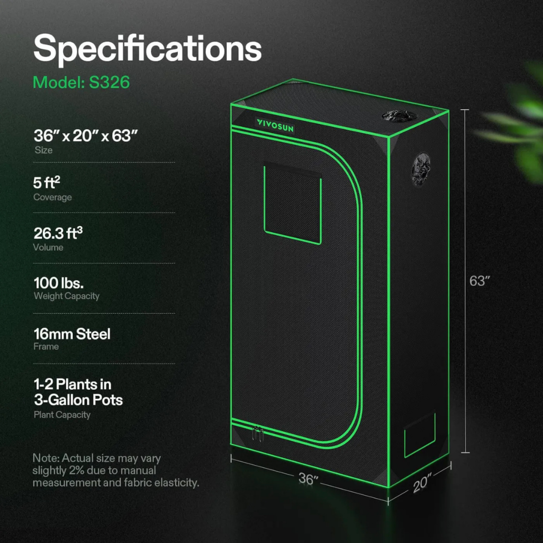 Vivosun Grow Tent 2x3 S326, 1-2 Plants Use, 600D Light-proof Oxford, 20″ x 36″ x 63″, For Indoor Plants Growing