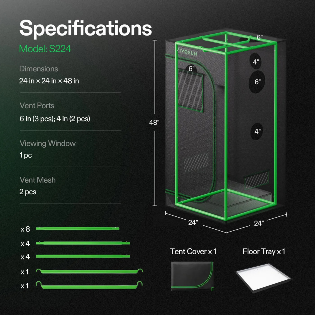 Vivosun Grow Tent 2x2 S224, High Reflective Mylar with 1680D Oxford Canvas & Heavy-Duty Metal Support 24"x24"x48"