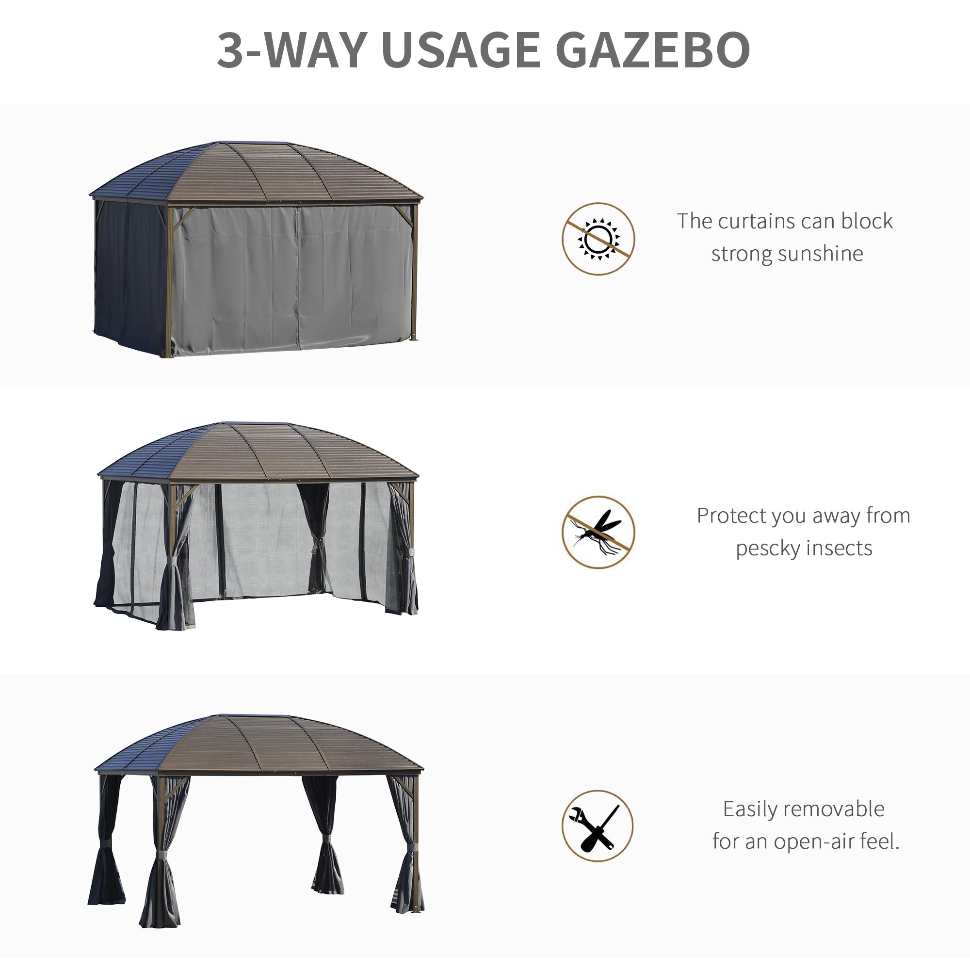 10' x 13' Hardtop Gazebo with Curtains, Netting, Pavilion with Steel Roof Ceiling Hook for Garden - View 4