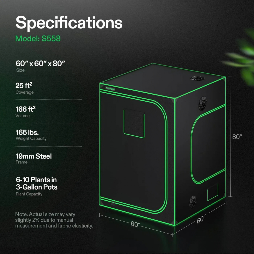 VIVOSUN Grow Tent 5x5 S558, 6-10 Plants Use, 600D Light-proof Oxford, 60″ x 60″ x 80″, For Indoor Plants Growing