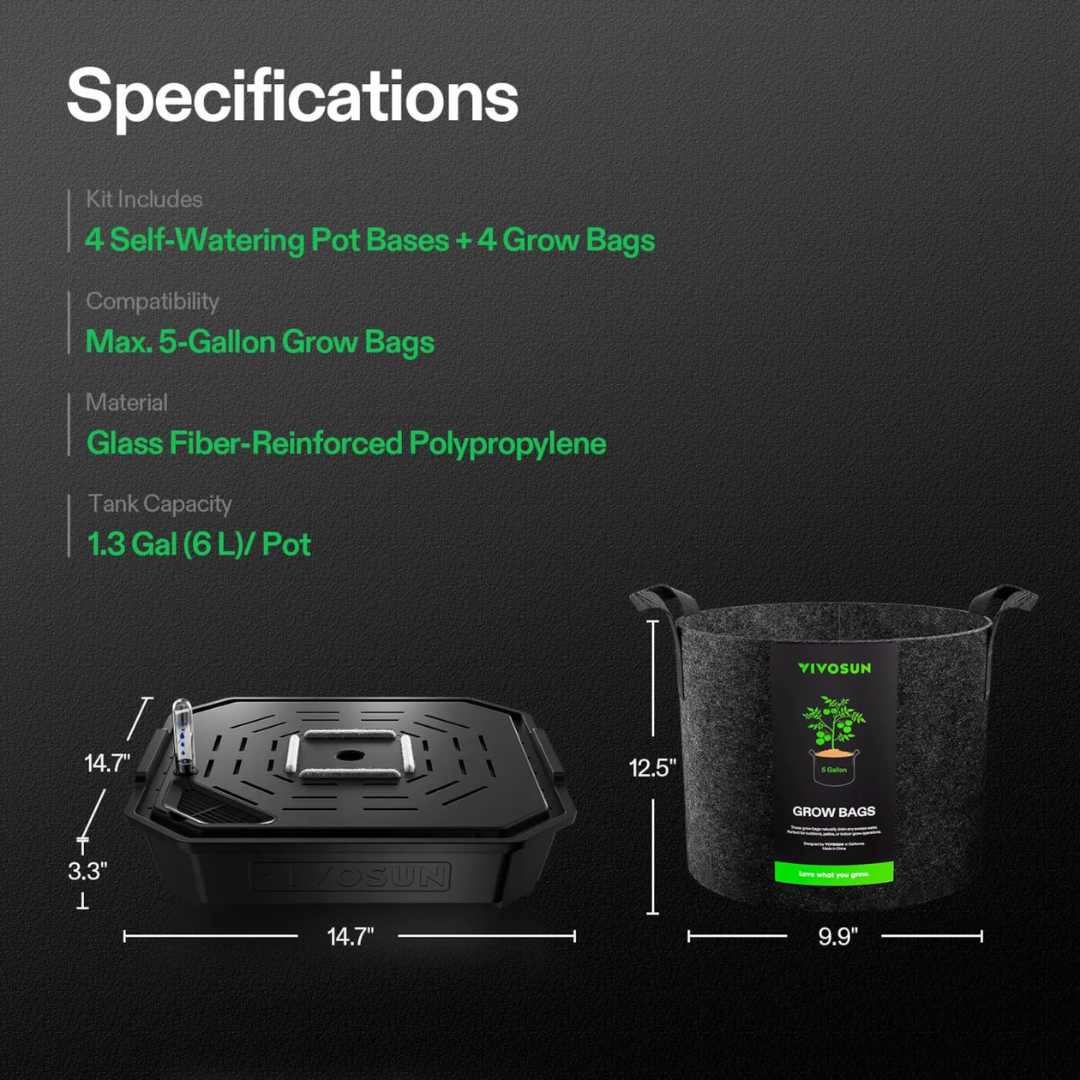 Vivosun 4-Pack Self-Watering Fabric Pot Base and Grow Bags Set, Auto-Irrigation Water Delivery System with Reservoir Meter