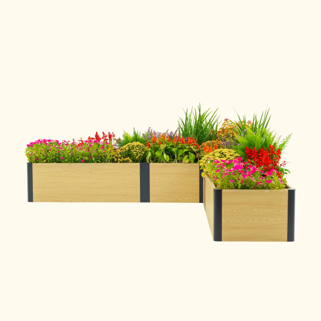 Vego 16" Tall Woodgrain 8' x 8' L-Shaped Metal Raised Garden Bed