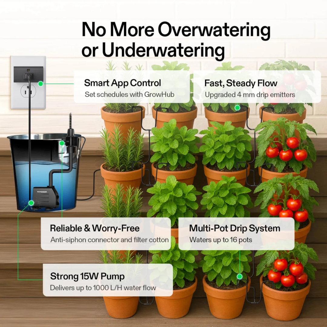 Vivosun FlexFeed Automatic Drip Irrigation Kit for Indoor & Outdoor Plants, Smart Watering System with 16 Drip Emitters, 4mm Fast Flow, App-Controlled A10 GrowHub, Quiet 15W Pump