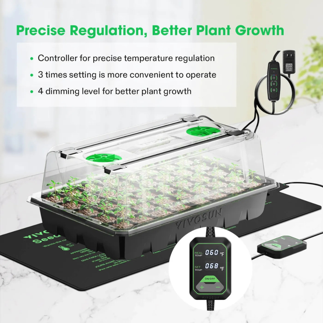 Vivosun 1-Pack 40-Cell Seed Starter Trays with 1 Set of LED Lights and 10"x20.75" Seedling Heat Mat