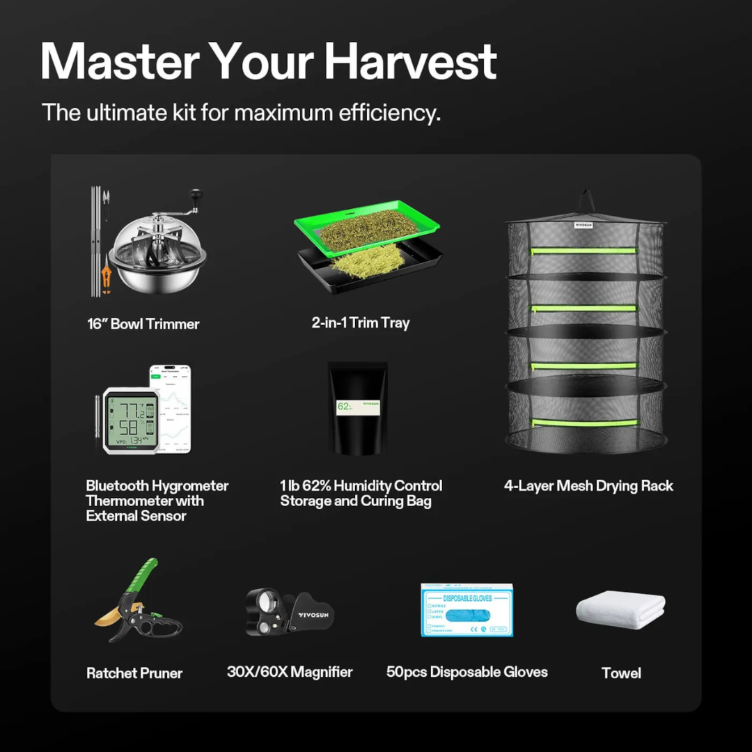 Vivosun Inclusive Harvest Kit, Includes 16” Bowl Trimmer, Trim Tray, Drying Rack, Bluetooth Hygrometer Thermometer, and All the Essential Tools for Successful Harvest