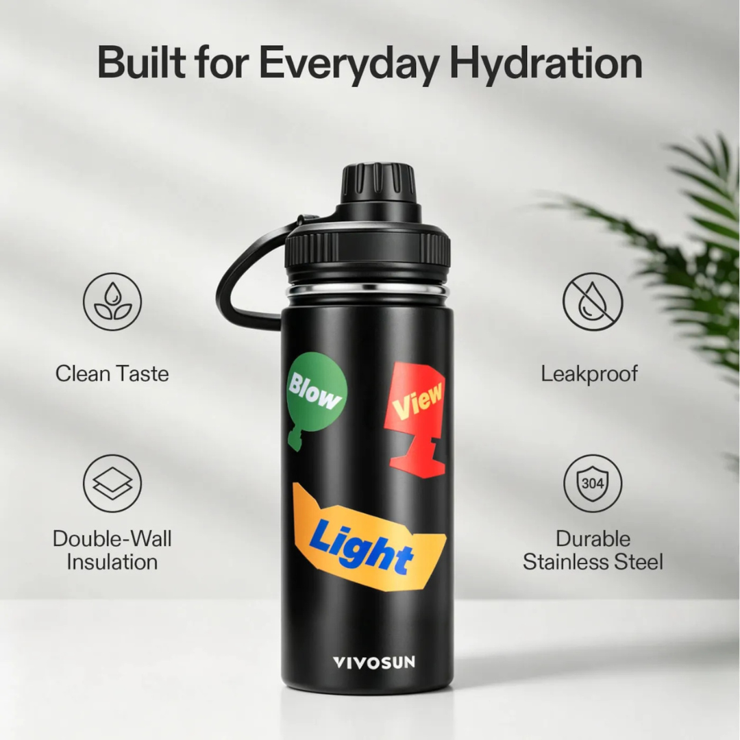 Vivosun 18oz Insulated Stainless Steel Water Bottle, Food-Grade & Leak-Proof, Portable for Home Office Sports Travel