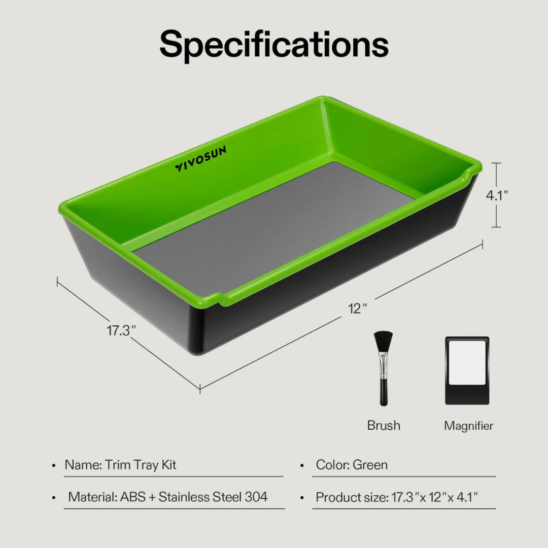 Vivosun 2-in-1 Trimming Tray, 4.1" Deep , with 150 Micron Mesh Sifter, Bottom Harvest Bin, Brush and Magnifying Card, Green
