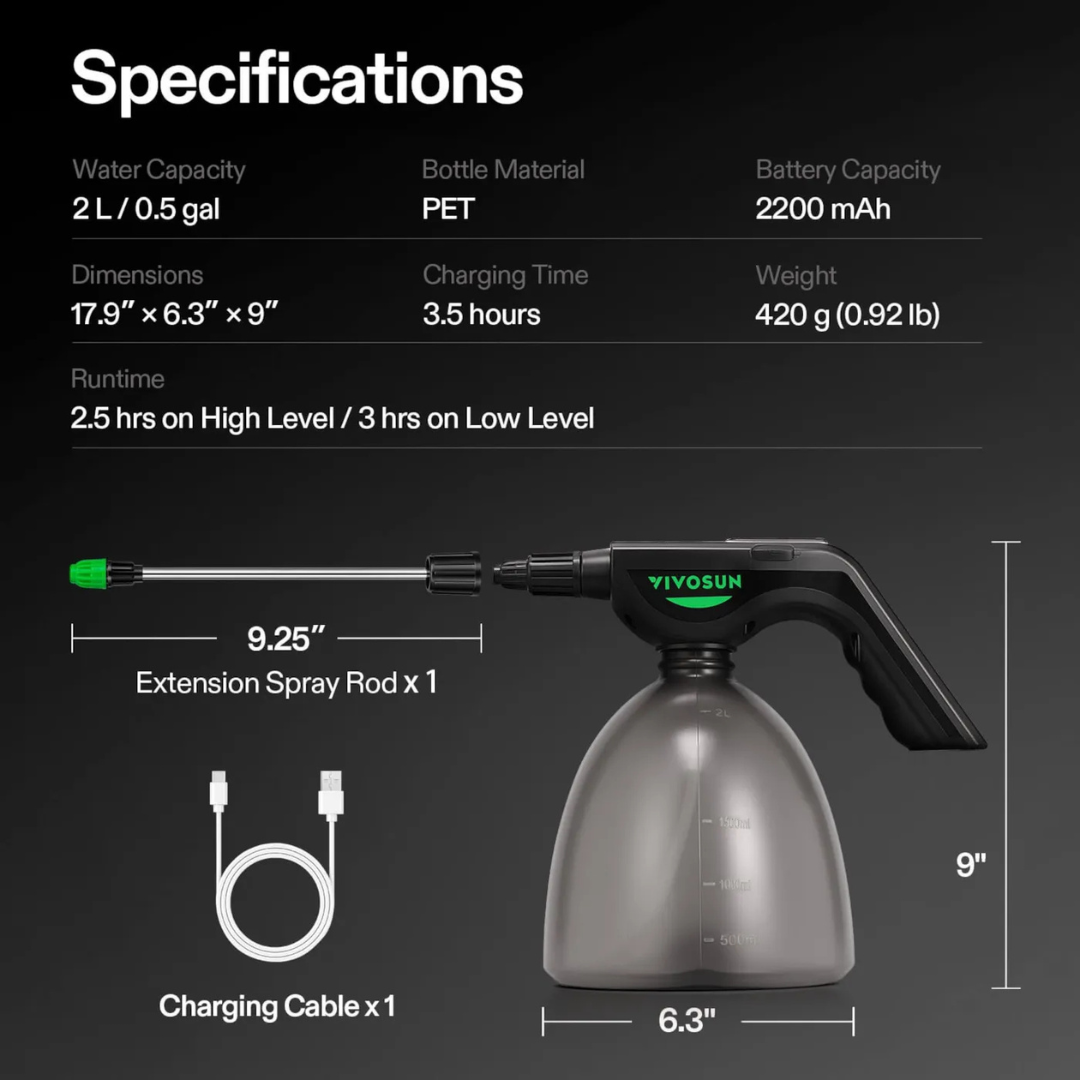 Vivosun Battery Powered Sprayer 0.5Gallon, Electric Spray Bottle USB Rechargeable, 2.2 Ah Battery