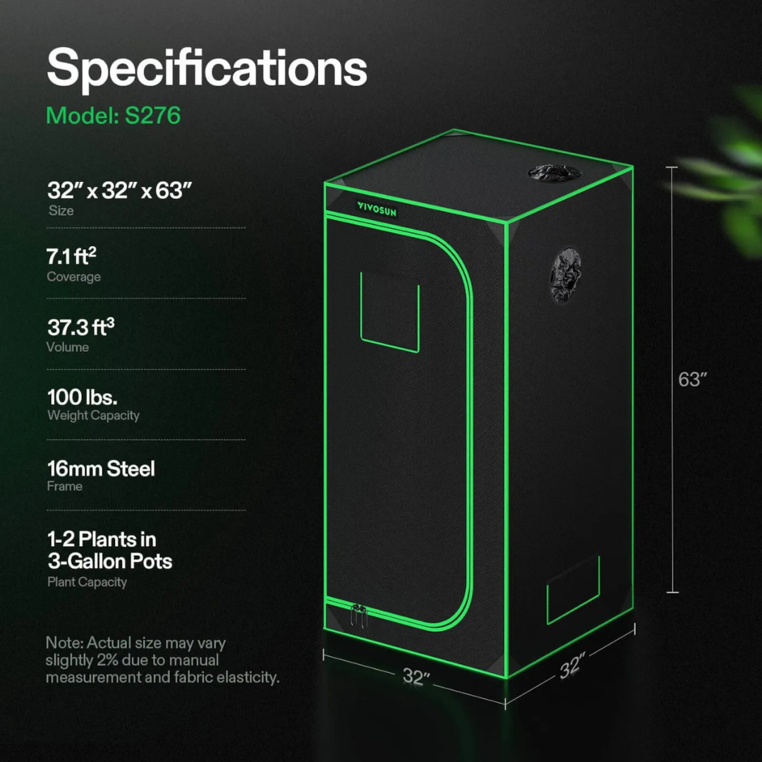 Vivosun Grow Tent 2.7x2.7 S276, 1-2 Plants Use, 600D Light-proof Oxford, 32″ x 32″ x 63″, For Indoor Plants Growing
