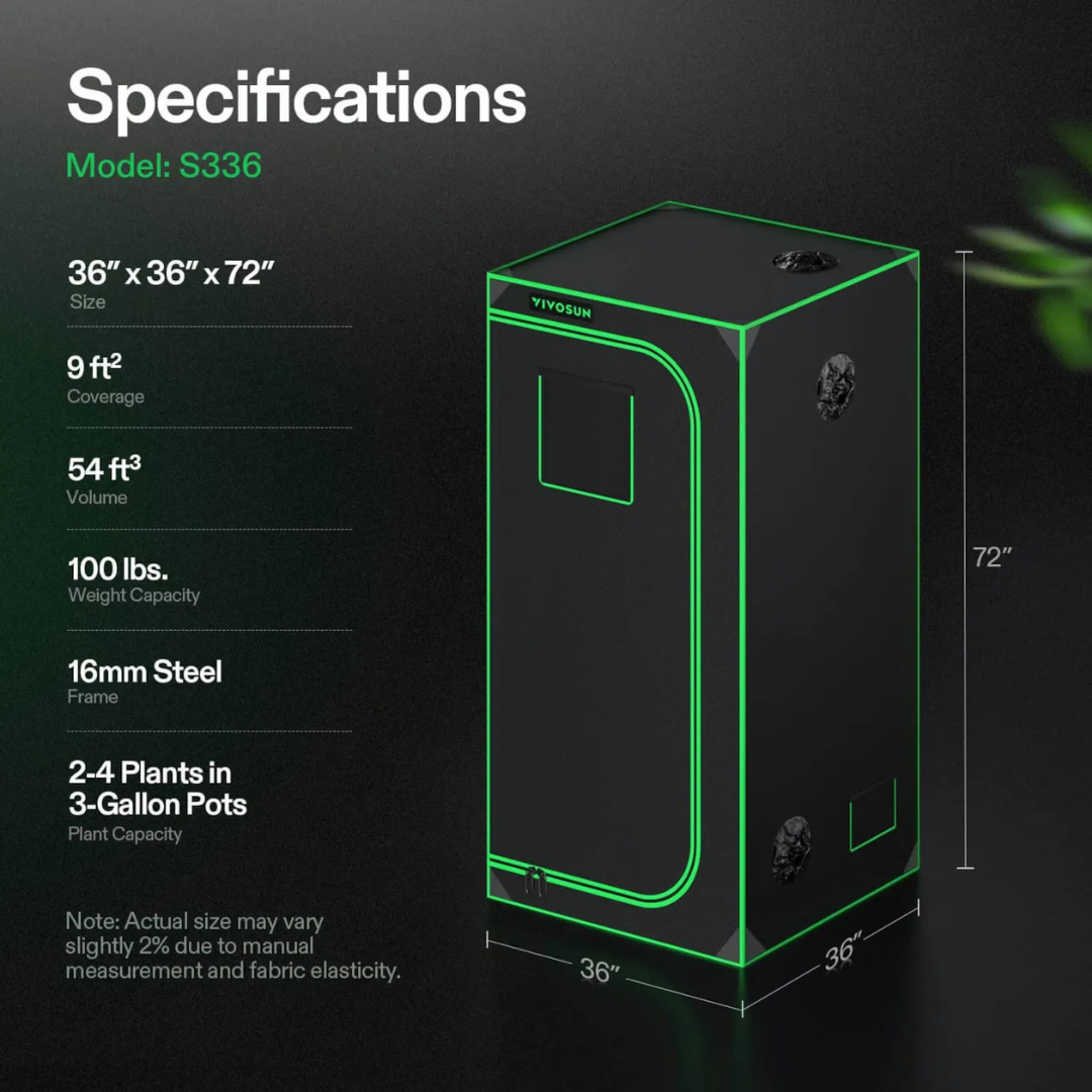 Vivosun Grow Tent 3x3 S336, 2-4 Plants Use, 600D Light-proof Oxford, 36″ x 36″ x 72″, For Indoor Plants Growing