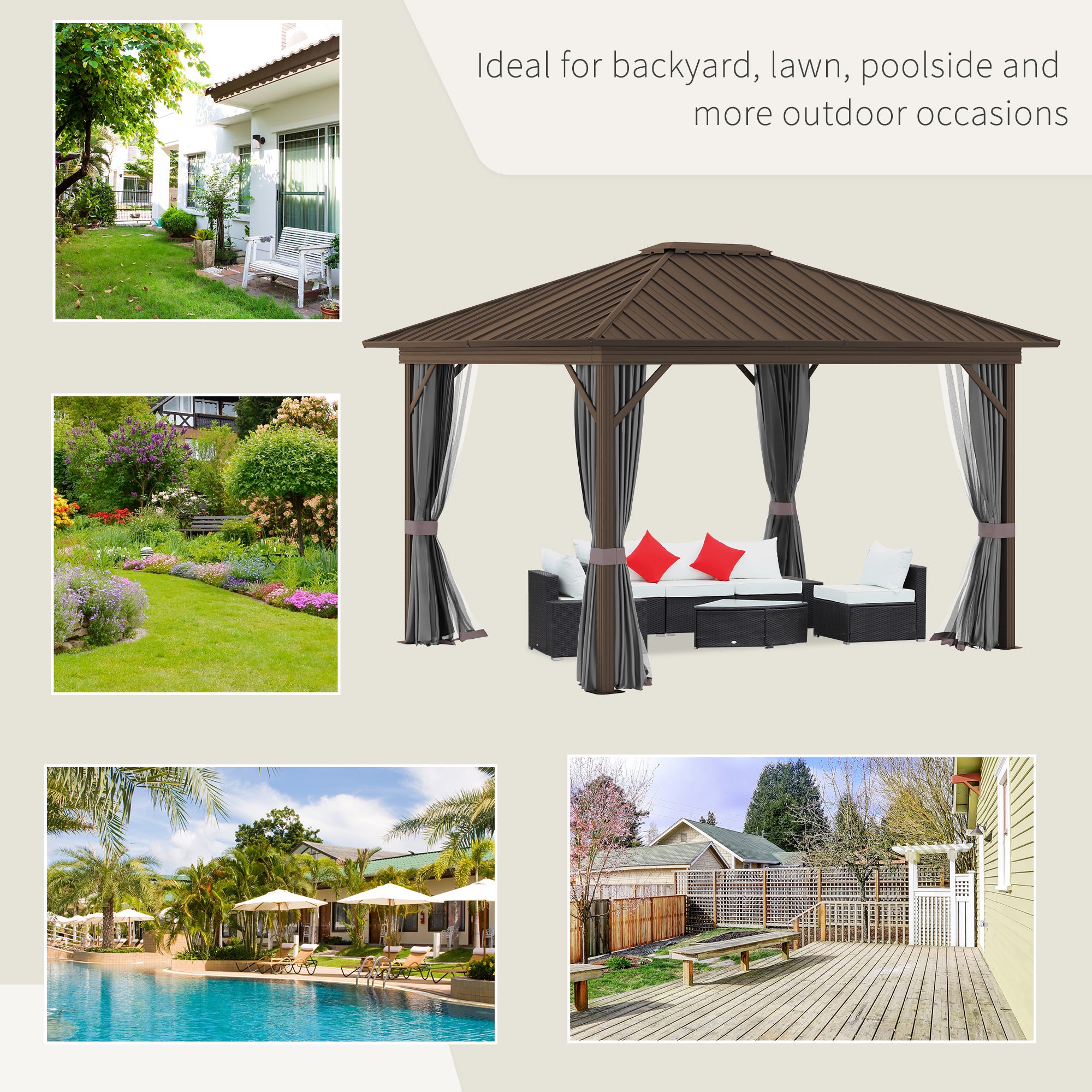 10' x 12' Hardtop Gazebo with Curtains and Netting, Permanent Pavilion Metal Single Roof Gazebo - View 6