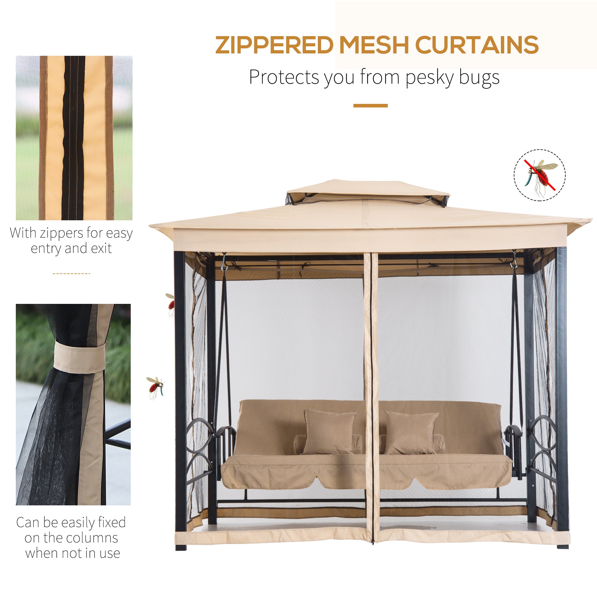 3-Seat Patio Swing Chair, Outdoor Gazebo Swing with Double Tier Canopy, Mesh Sidewalls, Cushioned - View 4