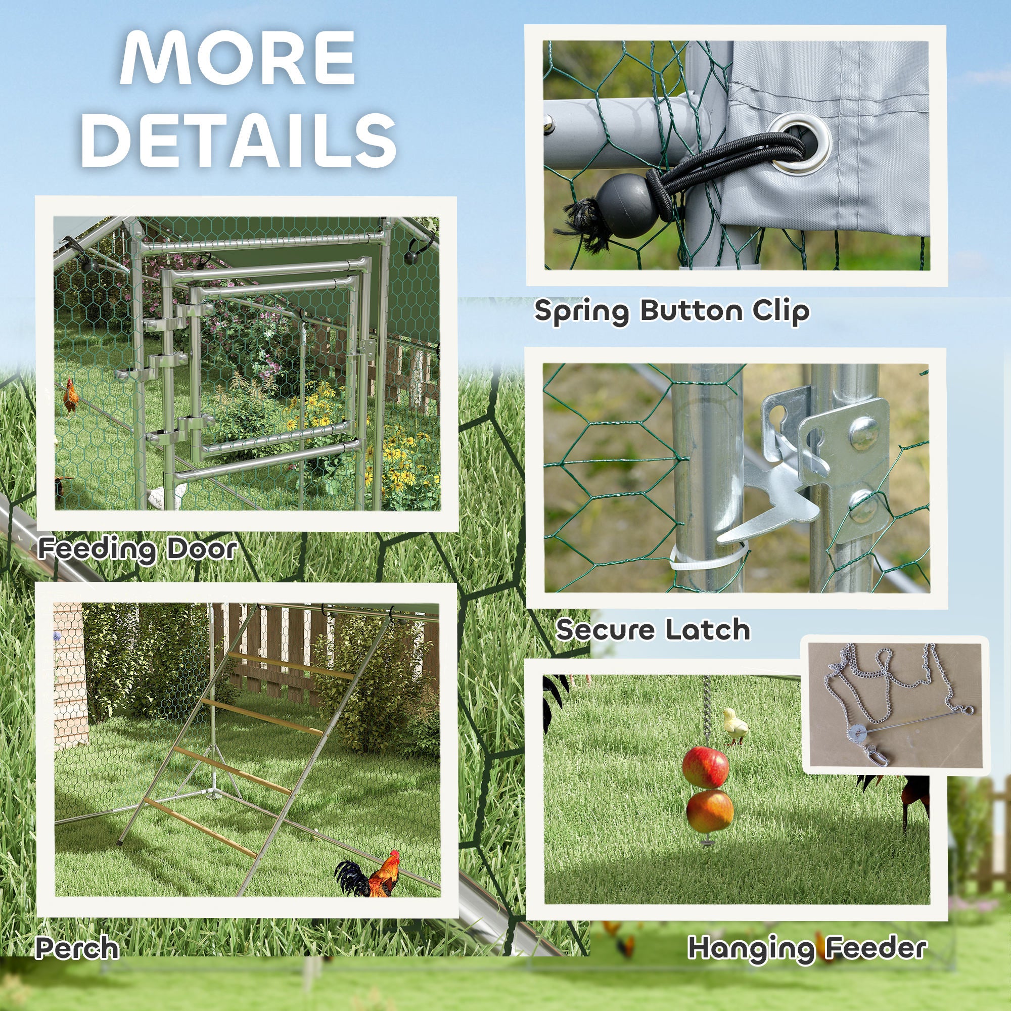 Metal Chicken Run w/ Waterproof & Anti-UV Cover, Feeding Door, Hanging Feeder, for 24-30 Chickens, - View 5