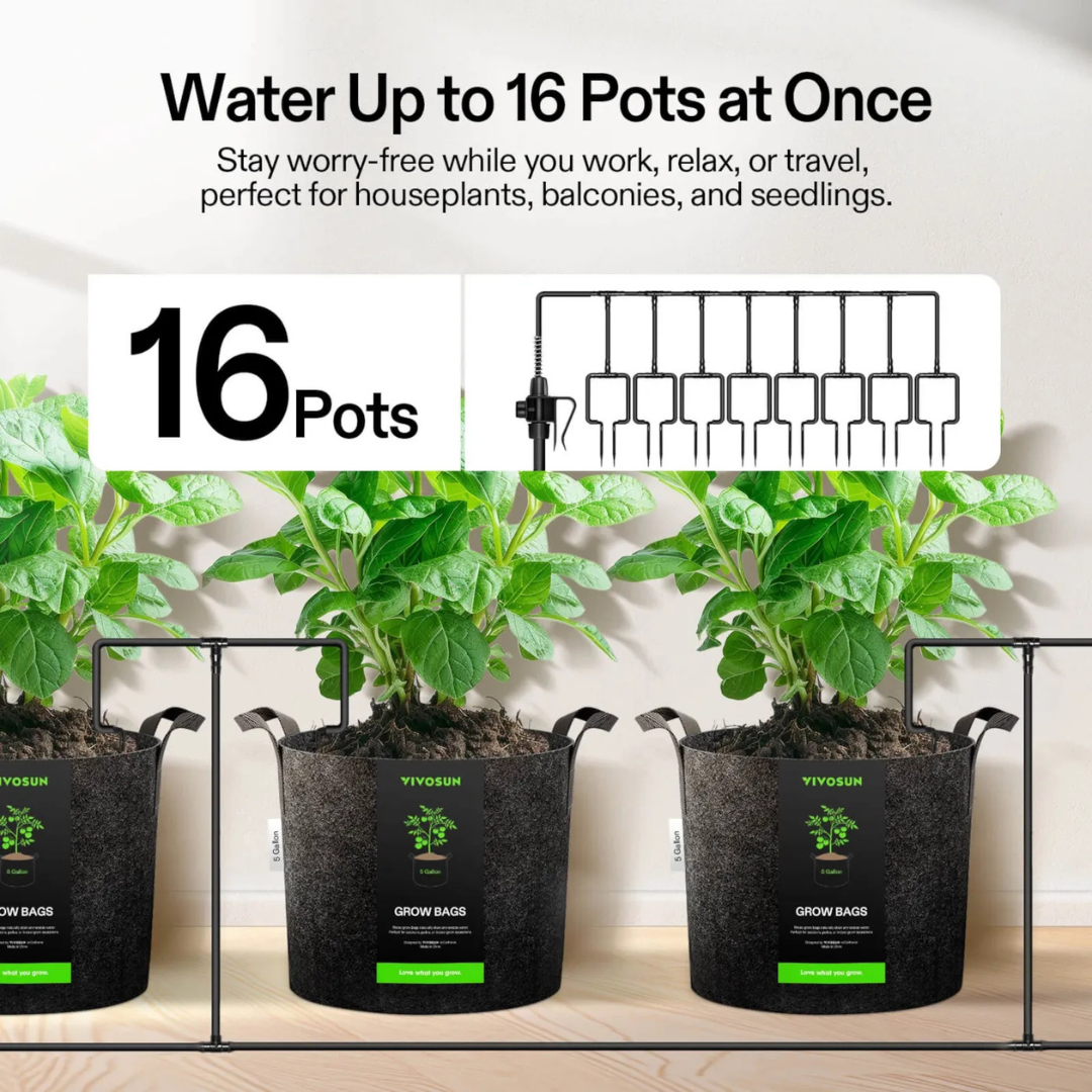 Vivosun FlexFeed Automatic Drip Irrigation Kit for Indoor & Outdoor Plants, Smart Watering System with 16 Drip Emitters, 4mm Fast Flow, App-Controlled A10 GrowHub, Quiet 15W Pump