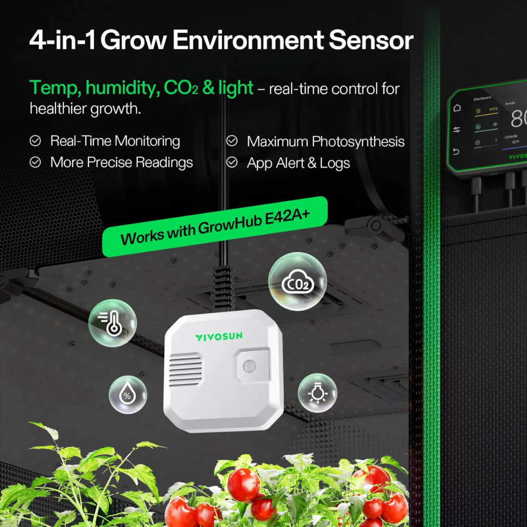 Vivosun 4-in-1 Sensor, Temperature and Humidity Monitoring with CO₂ and Light Detection, Compatible with GrowHub E42A+