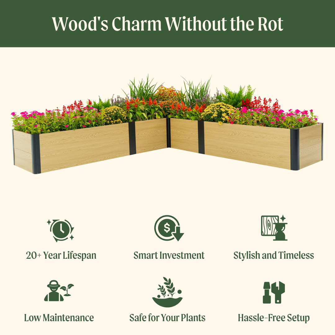 Vego 16" Tall Woodgrain 8' x 8' L-Shaped Metal Raised Garden Bed