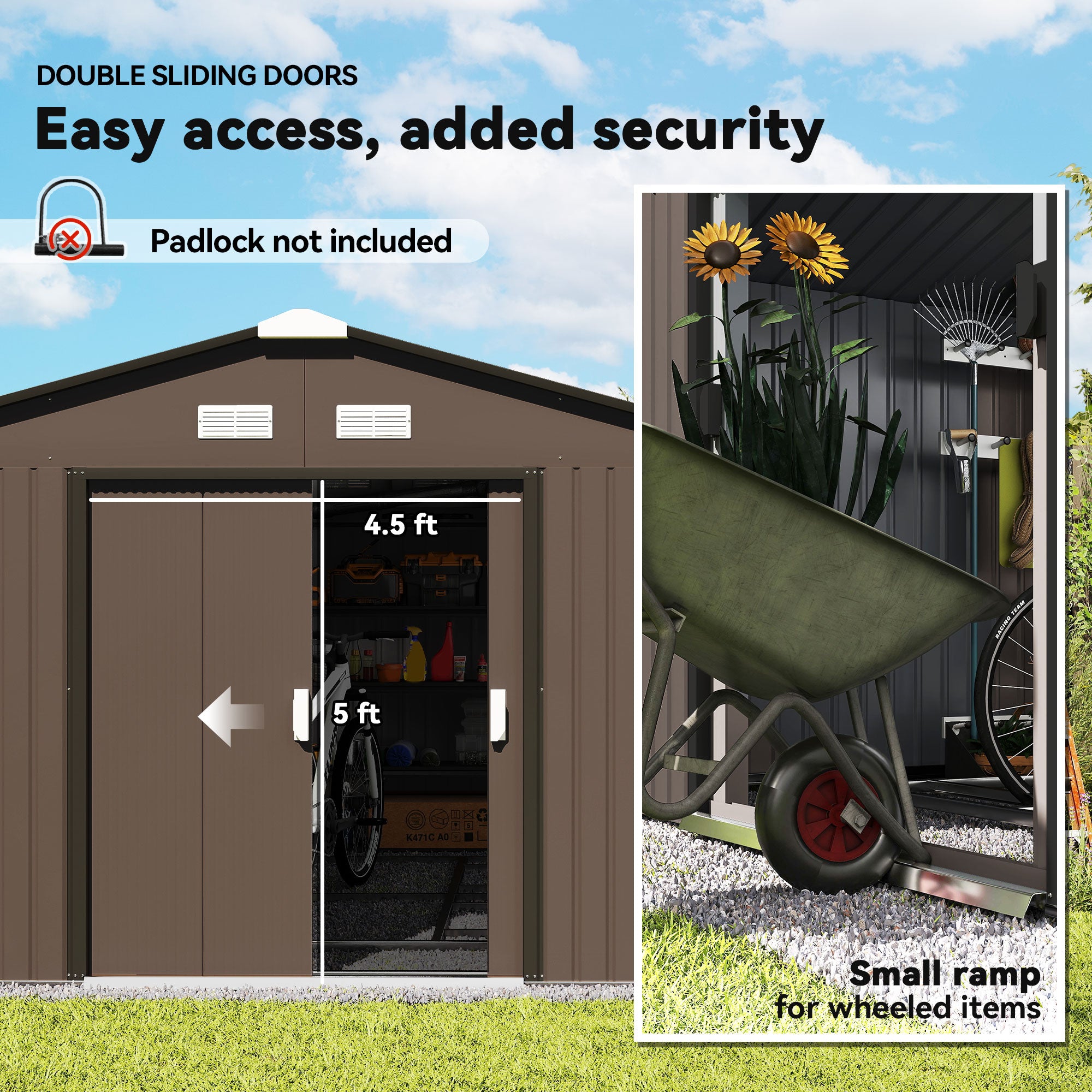 Metal Large Shed with Double Locking Doors Sloped Roof for Garden Tool, Bike Storage, Brown - View 5