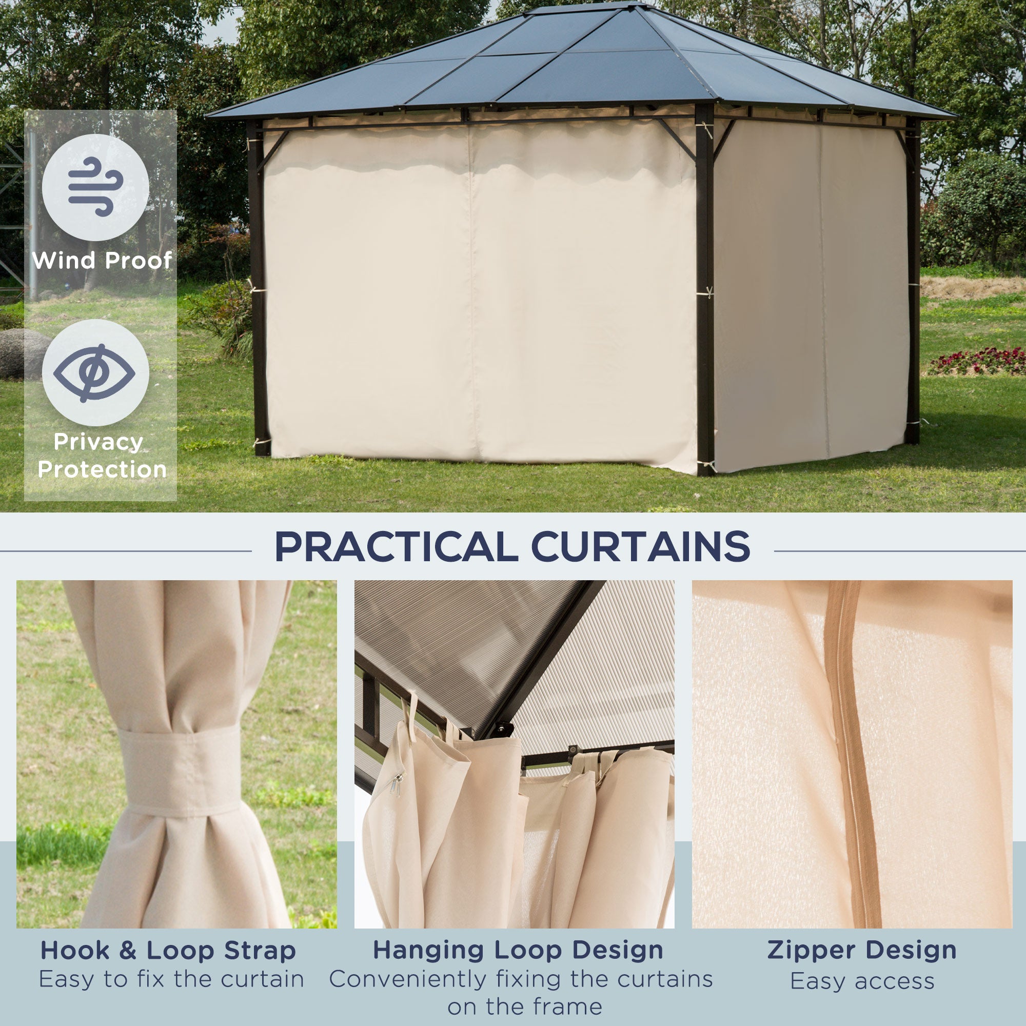 10' x 12' Hardtop Gazebo Canopy with Polycarbonate Roof, Aluminum Frame, Permanent Pavilion Outdoor - View 6