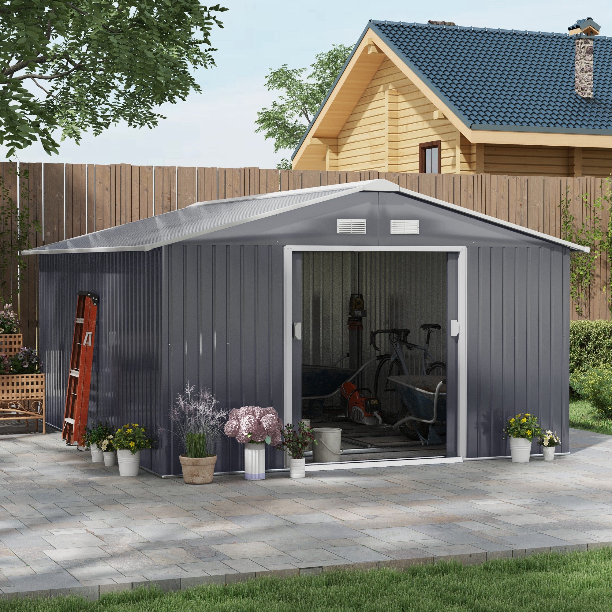 11' x 13' Garden Metal Shed, Storage Shed Utility Storage with Double Locking Doors for Bike, Yard - View 2