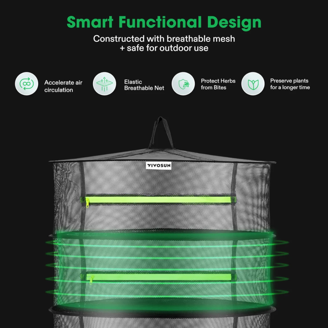Vivosun 3-Layer Mesh Drying Rack Hanging Design with Green Zippers