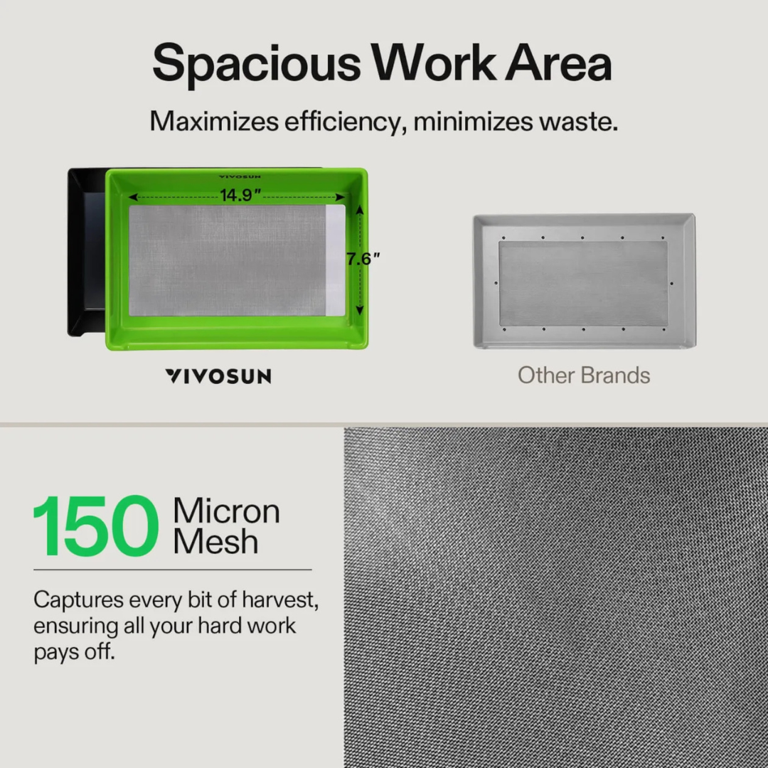 Vivosun 2-in-1 Trimming Tray, 4.1" Deep , with 150 Micron Mesh Sifter, Bottom Harvest Bin, Brush and Magnifying Card, Green