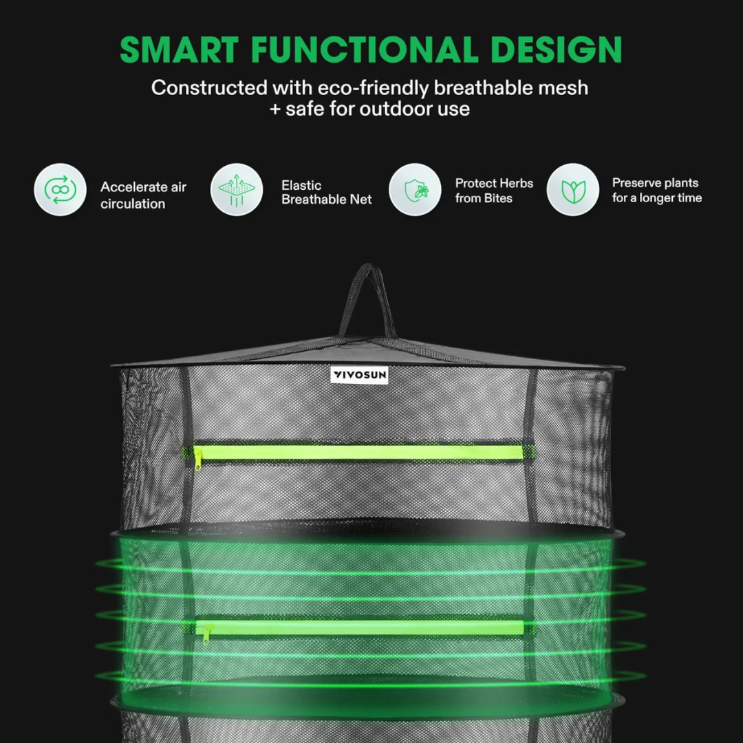 Vivosun 8-Layer Mesh Drying Rack Hanging Design with Green Zippers