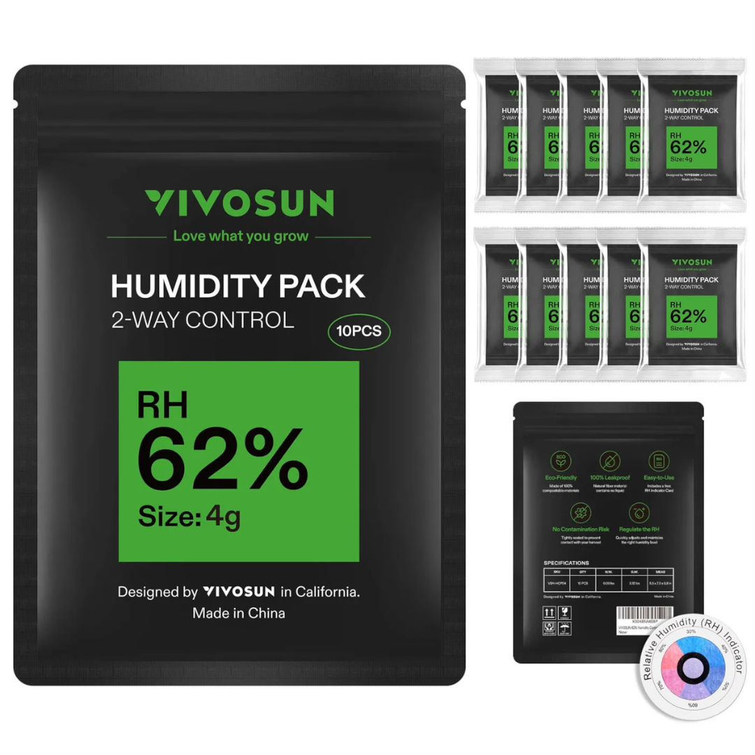 Vivosun 62% RH Two-Way Humidity Control Packs, 10 Packs, Each for Storing 1 oz, Moisture Balancer with RH Indicator Card for Food & Herb Storage