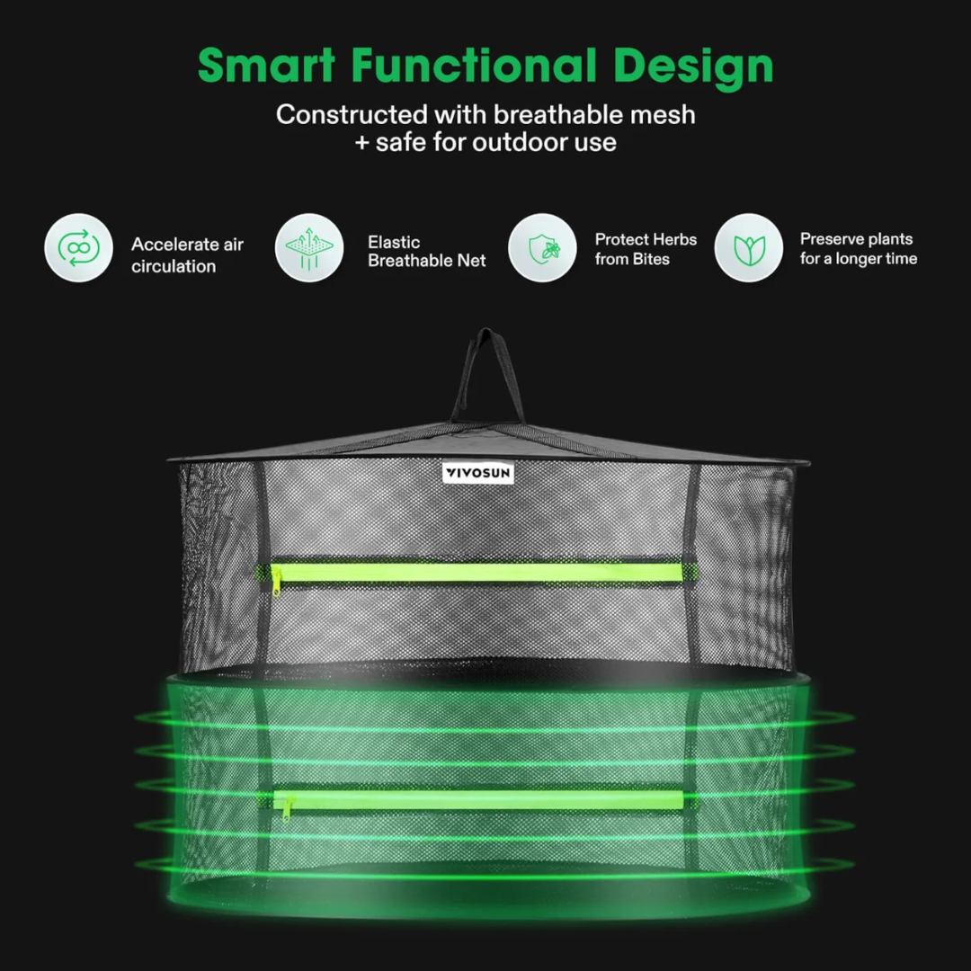 Vivosun 2-Layer Mesh Drying Rack Hanging Design with Green Zippers